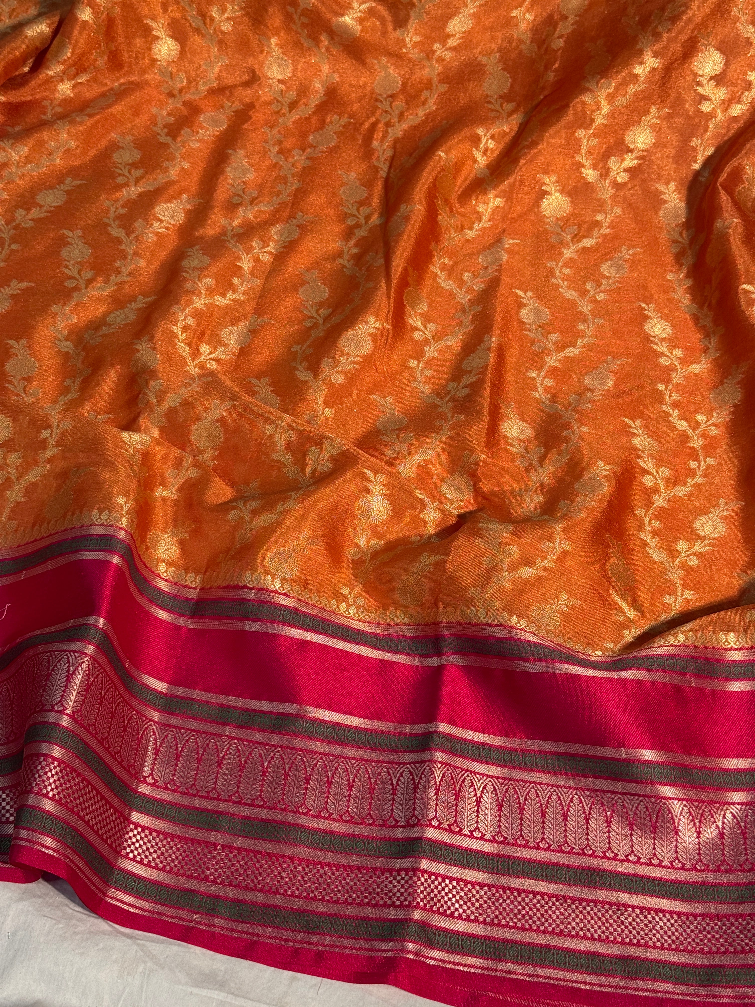 Contrast Orange with Pink Premium Soft Banarasi Chiniya Silk Saree
