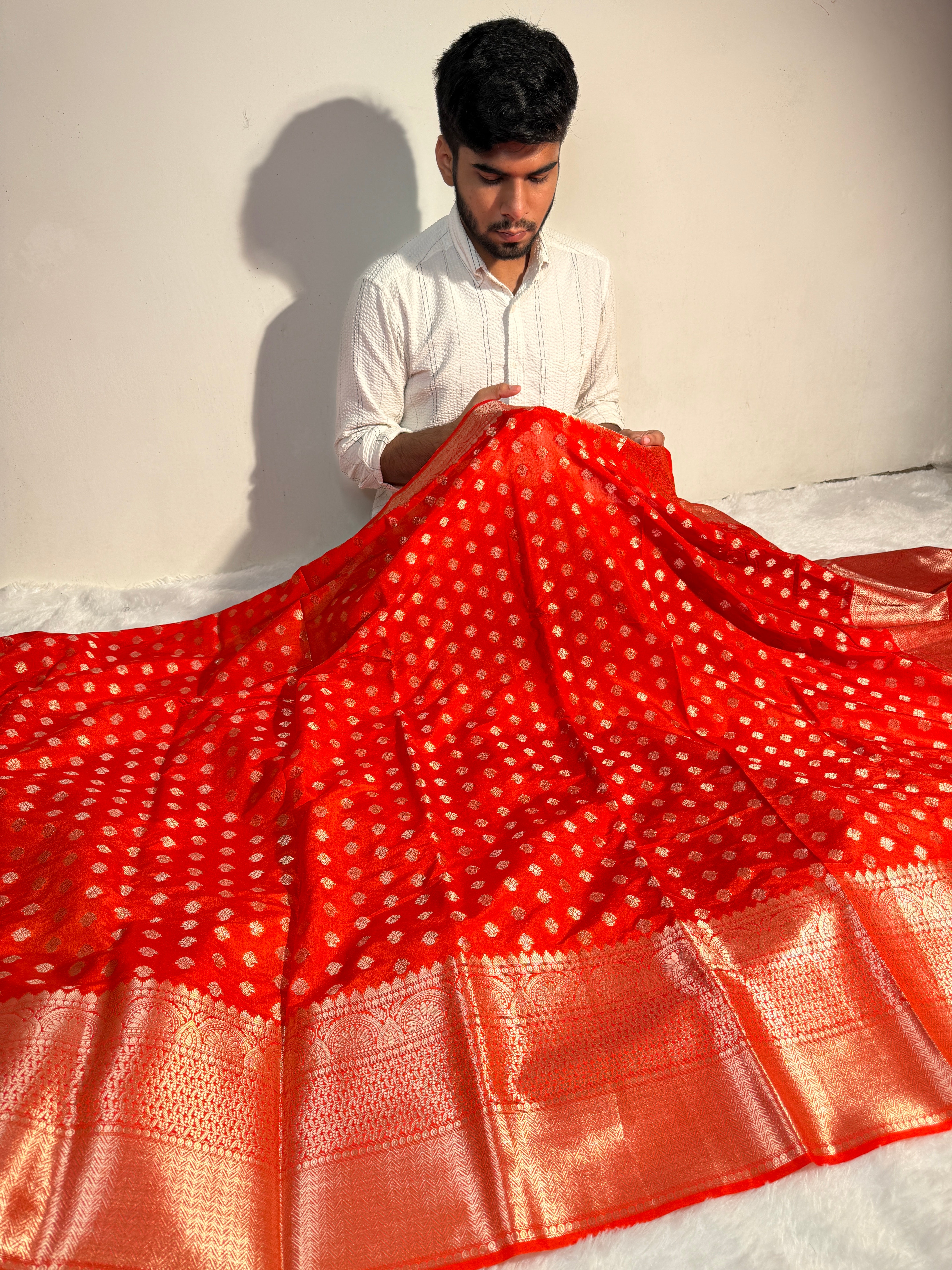 Ready To Wear Bright Orange Premium Chiniya Silk Banarasi Saree