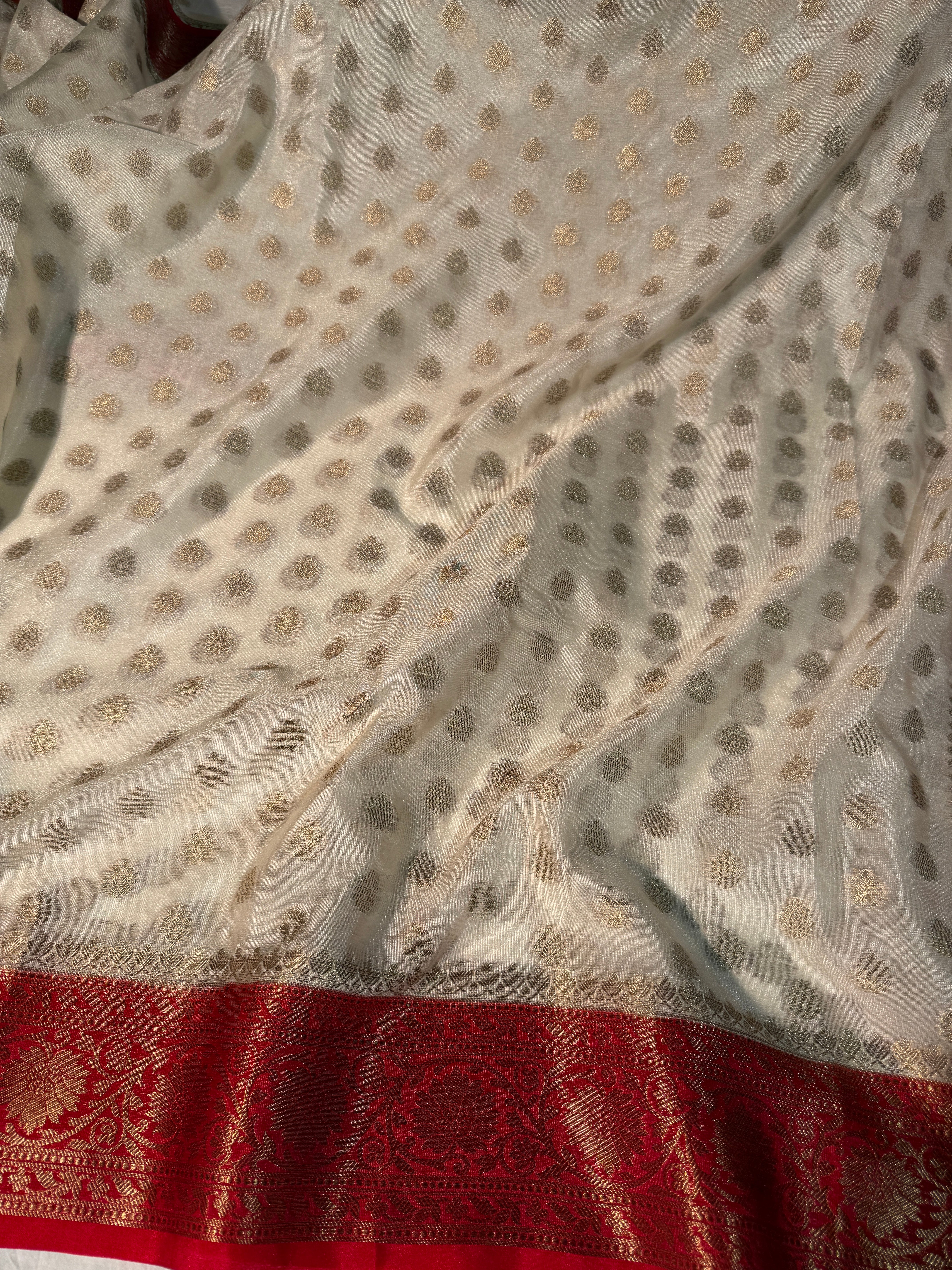 Cream with Red Premium Georgette Banarasi Saree with Khaddi Buti Weave