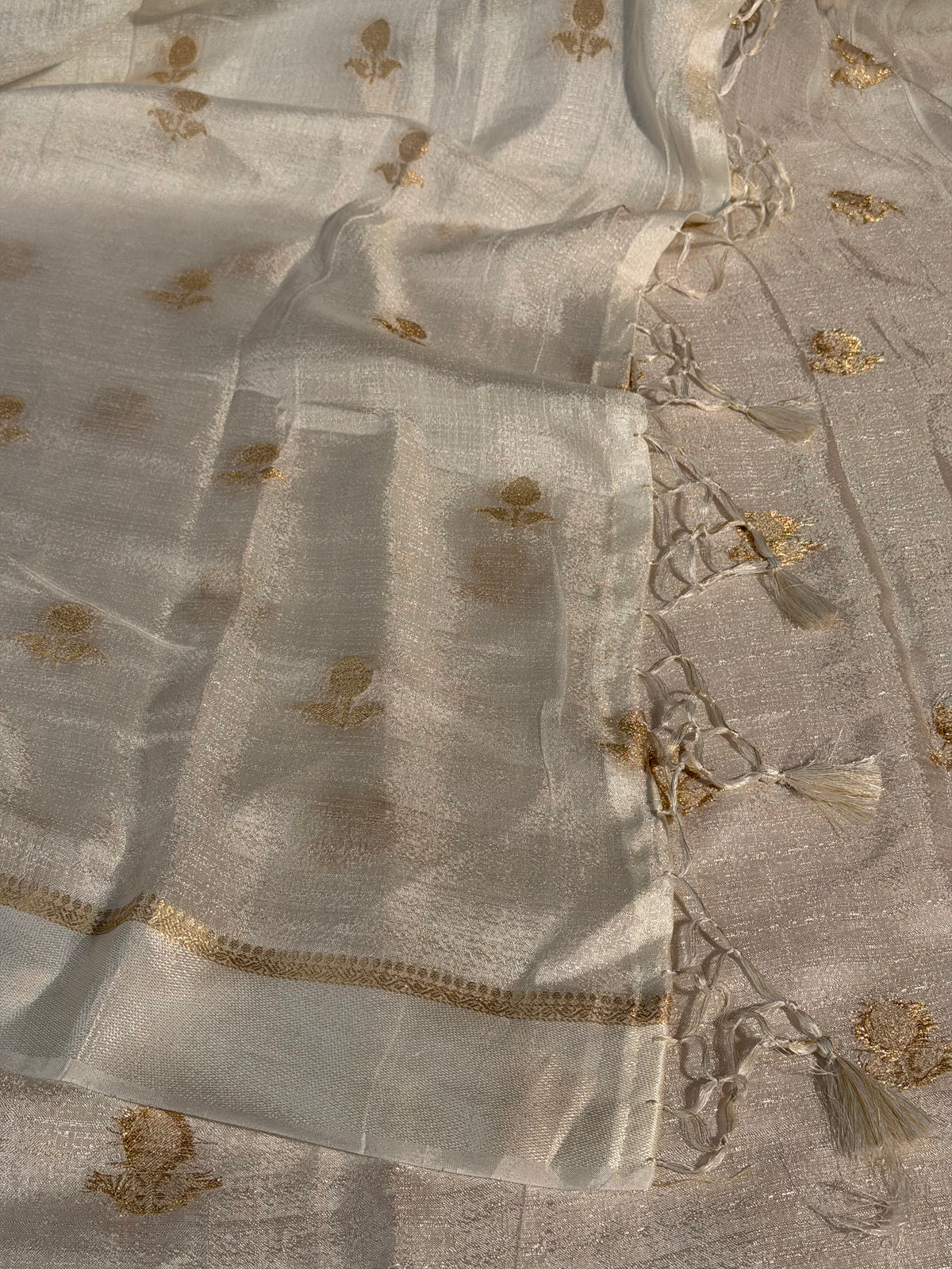 Light Cream Premium Viscose Georgette Silk Banarasi Saree with Tassles