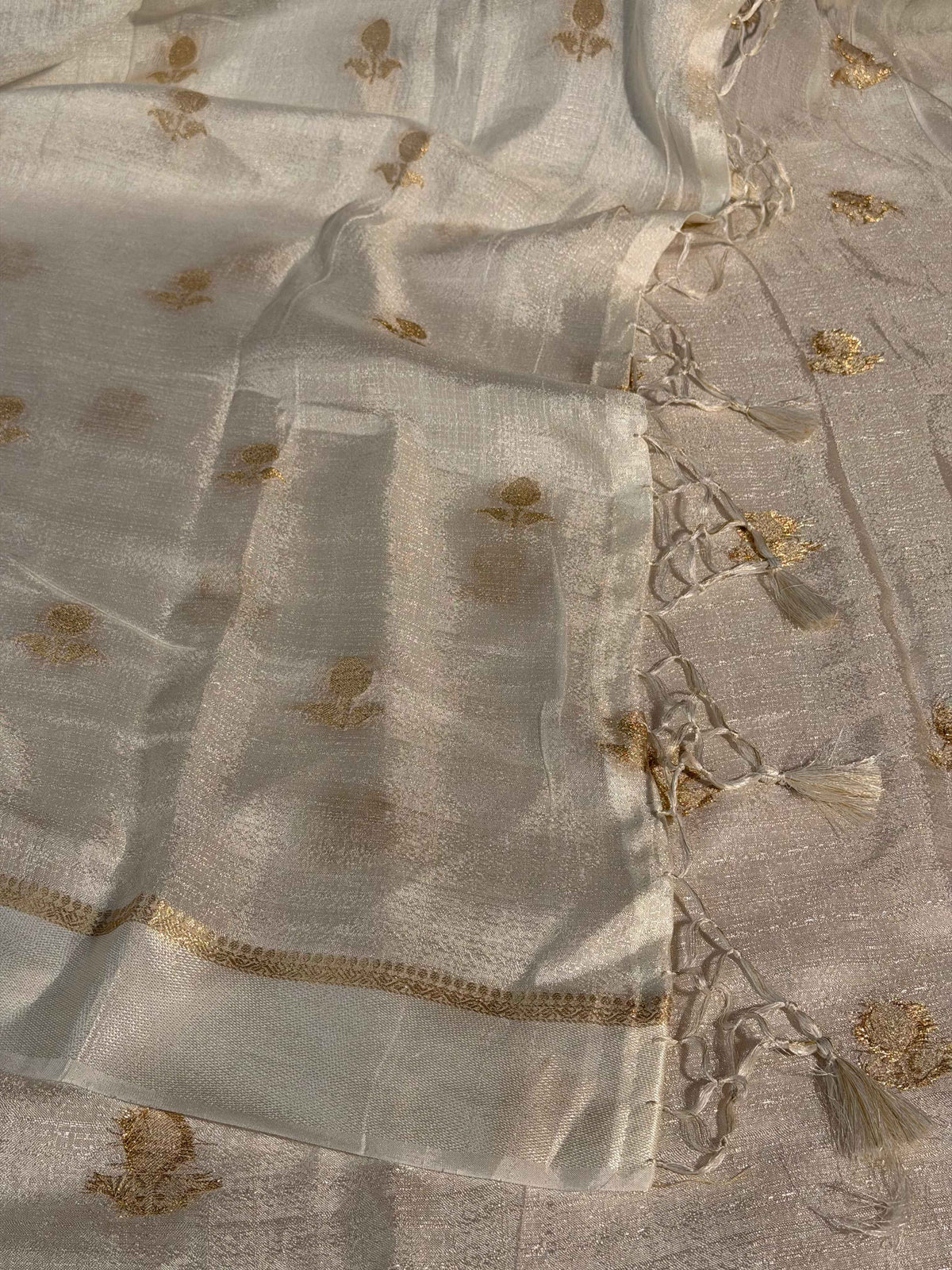 Light Cream Premium Viscose Georgette Silk Banarasi Saree with Tassles