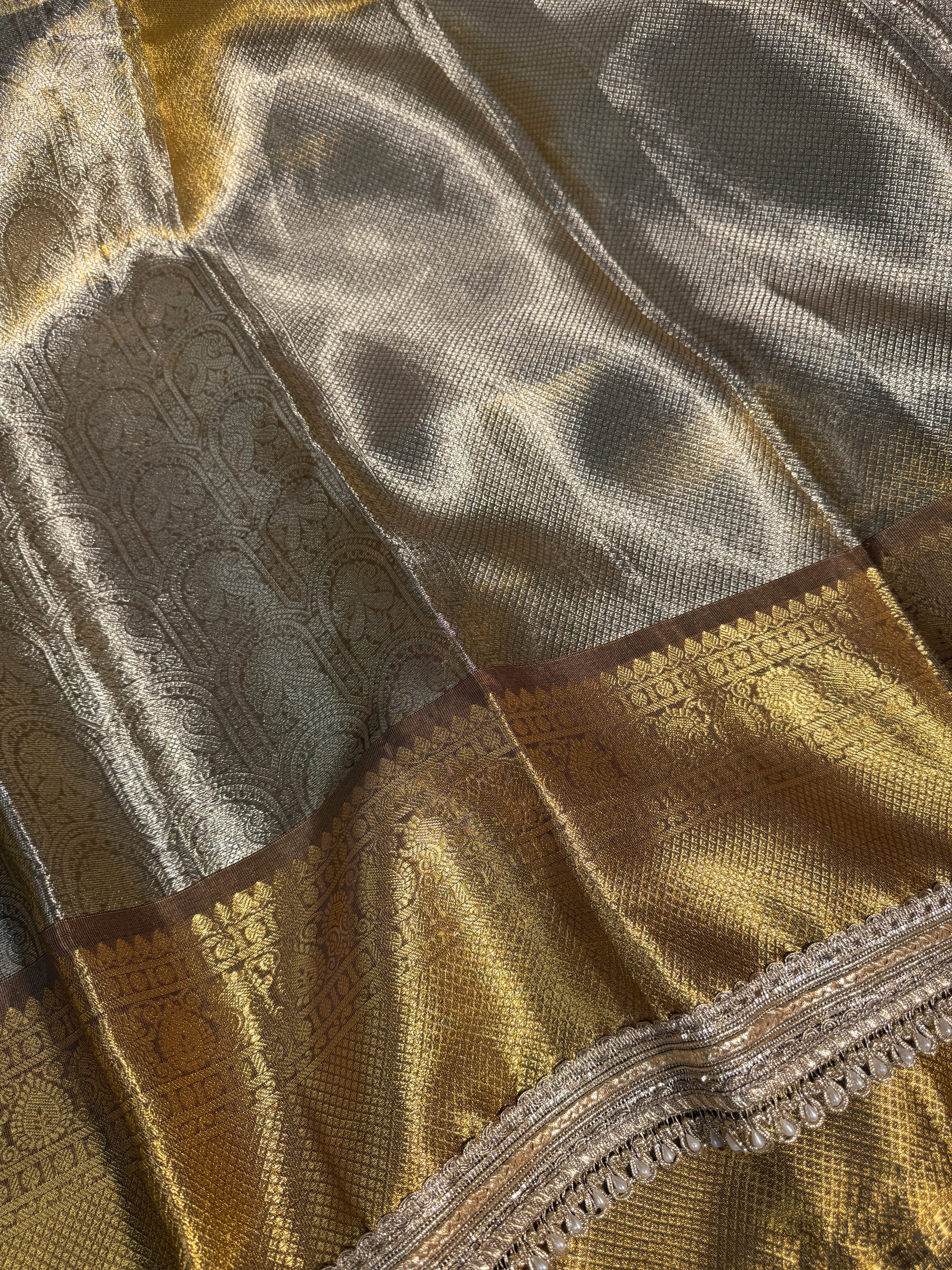 Shobhita Mam Inspired Kanjeevaram Tissue Silk Moti Lace Attached Banarasi Saree