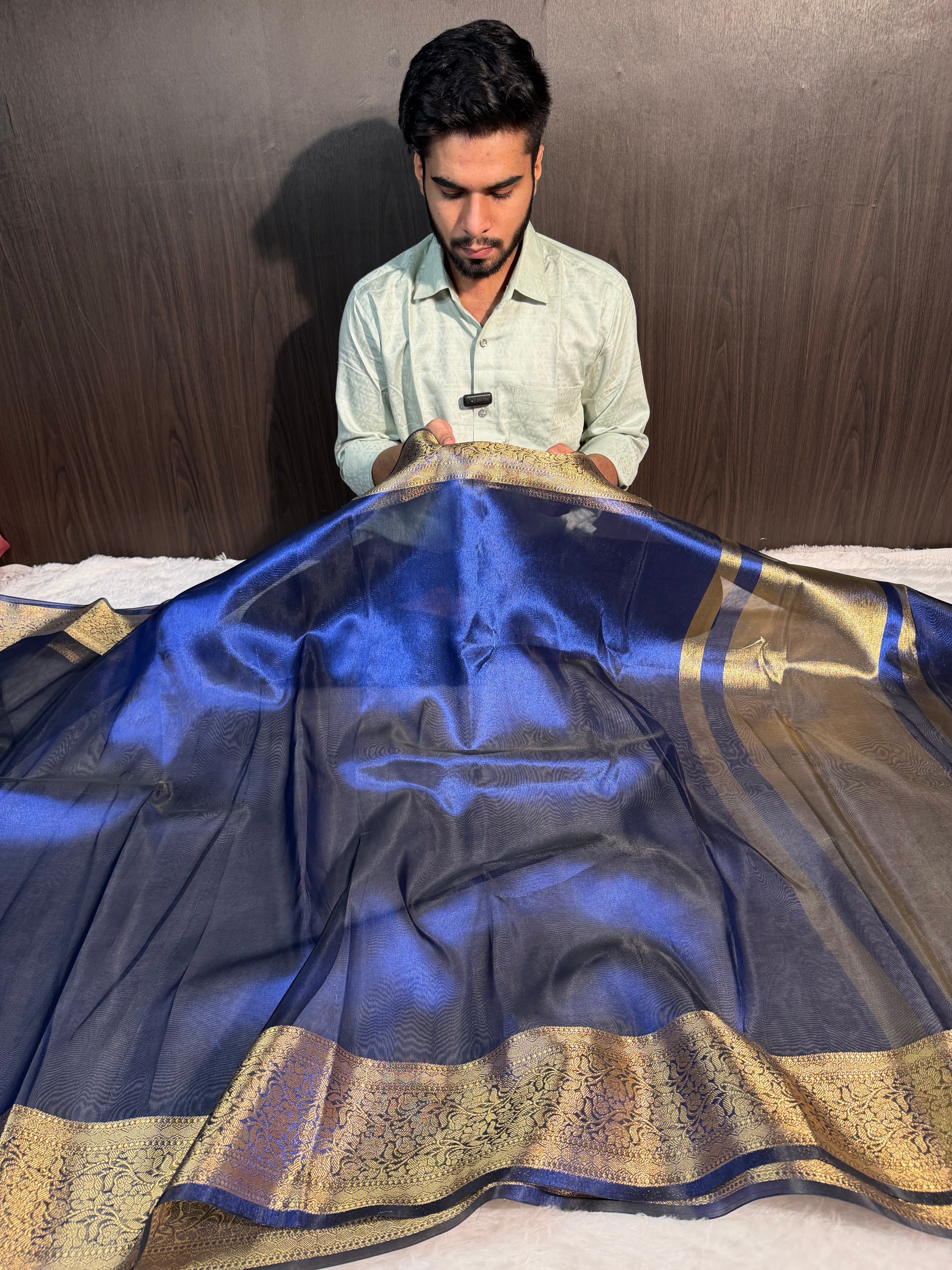 Metallic Blue Premium Banarasi Tissue Silk Saree with Traditional Weave Borders