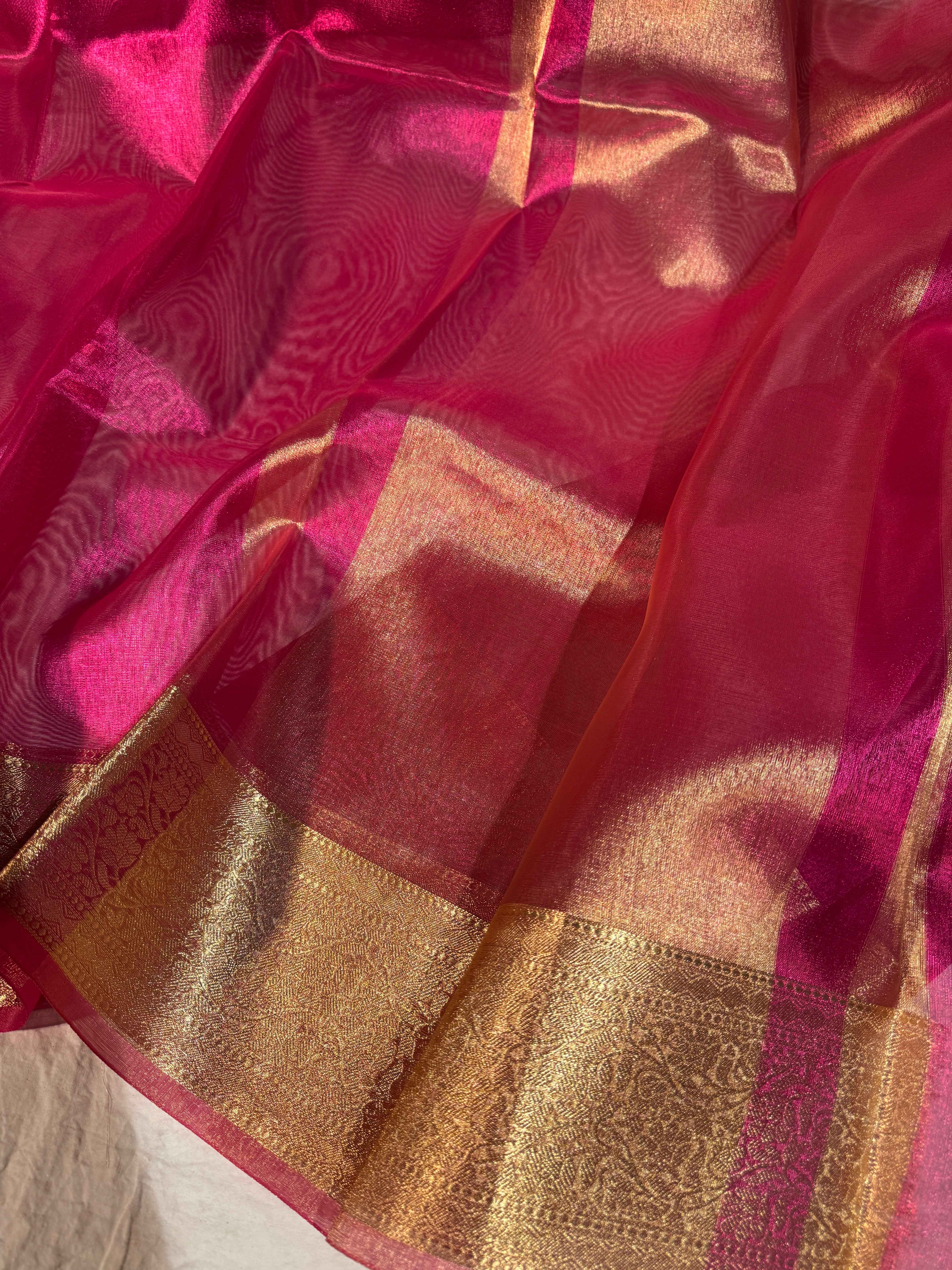 Metallic Rani Pink Premium Tissue Silk Saree with Traditional Floral Weave Borders