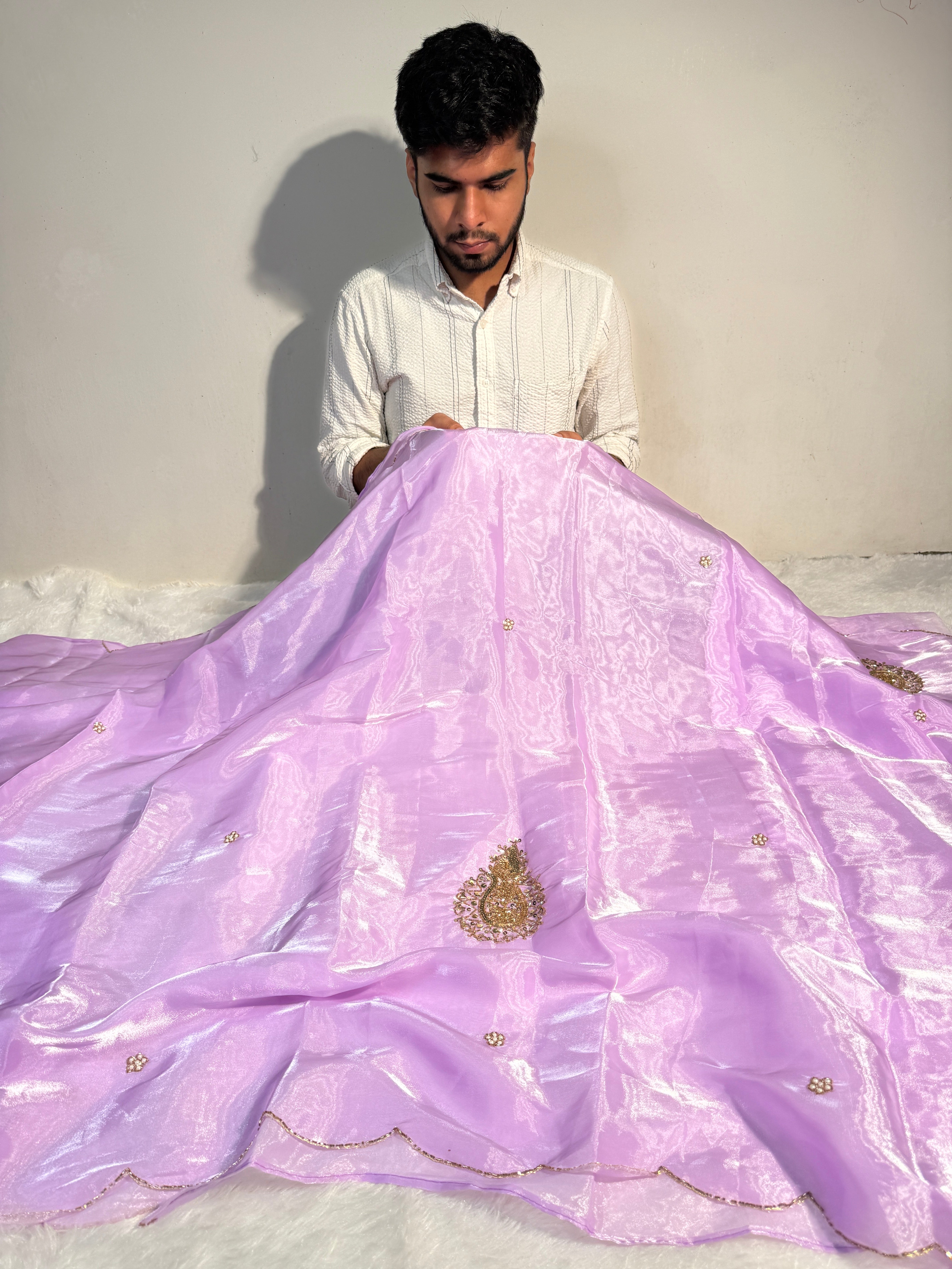 Ready To Wear Pastel Lavendar Shimmery Tissue Silk Handwork Saree