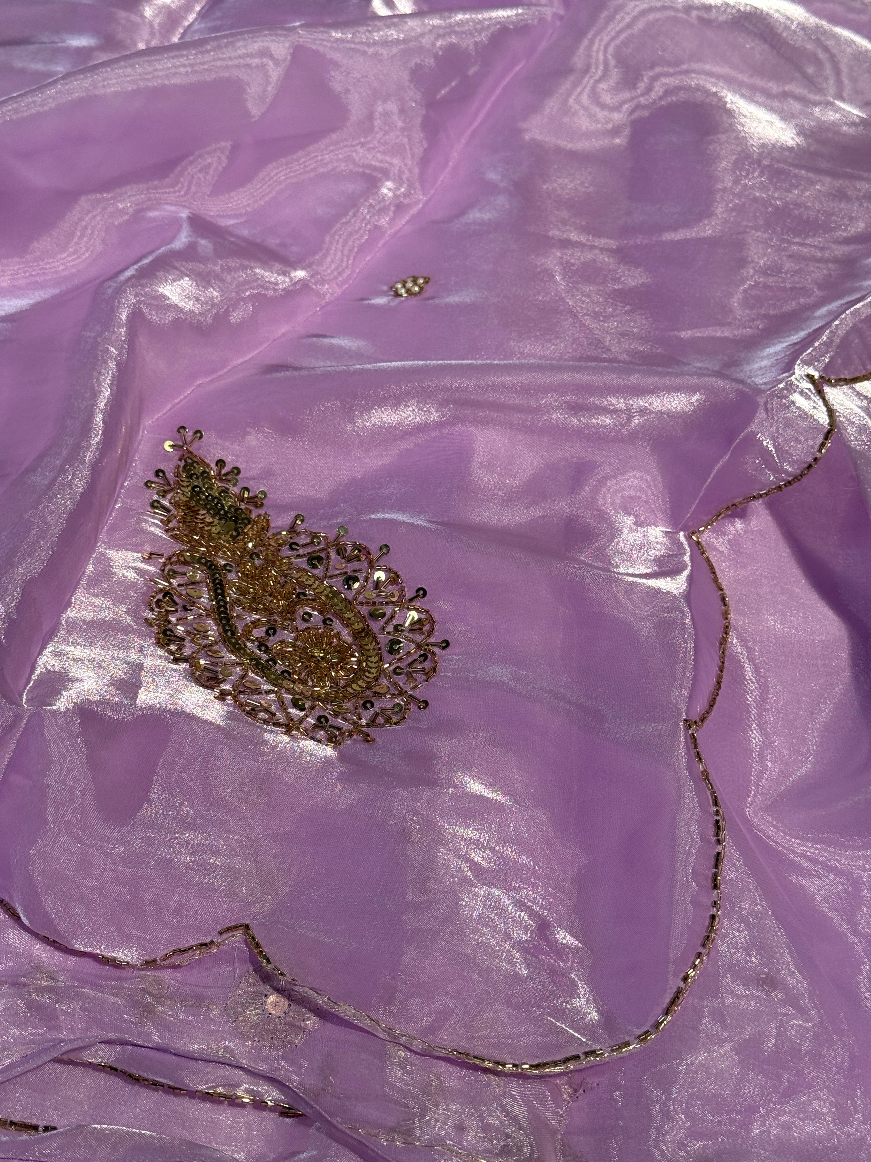Ready To Wear Pastel Lavendar Shimmery Tissue Silk Handwork Saree