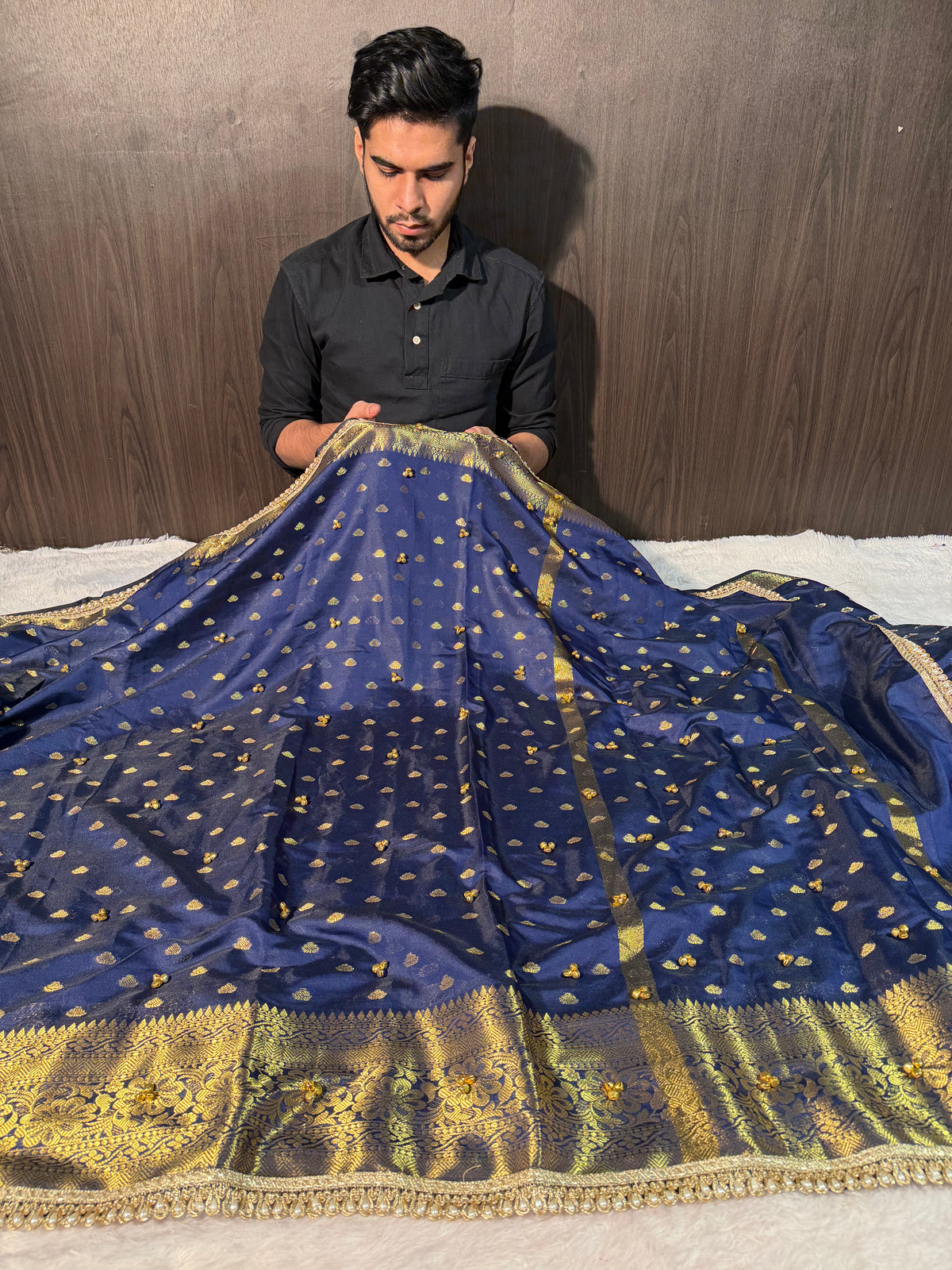 Viral Ghungroo Handwork Navy Blue Shade Premium Katan Silk Banarasi Saree