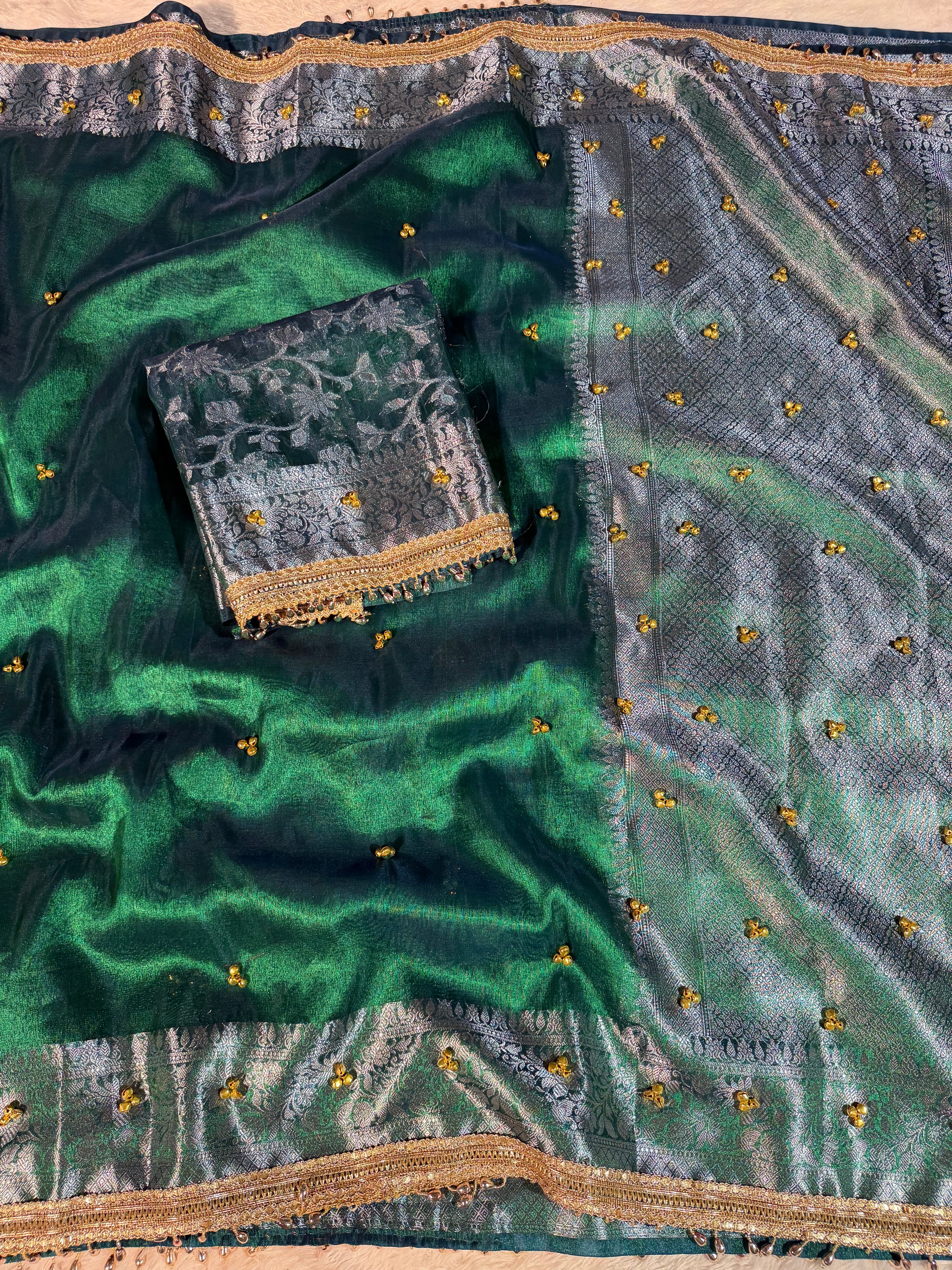 Ghungroo Handwork Metallic Sapphire Green Premium Tissue Silk Banarasi Saree