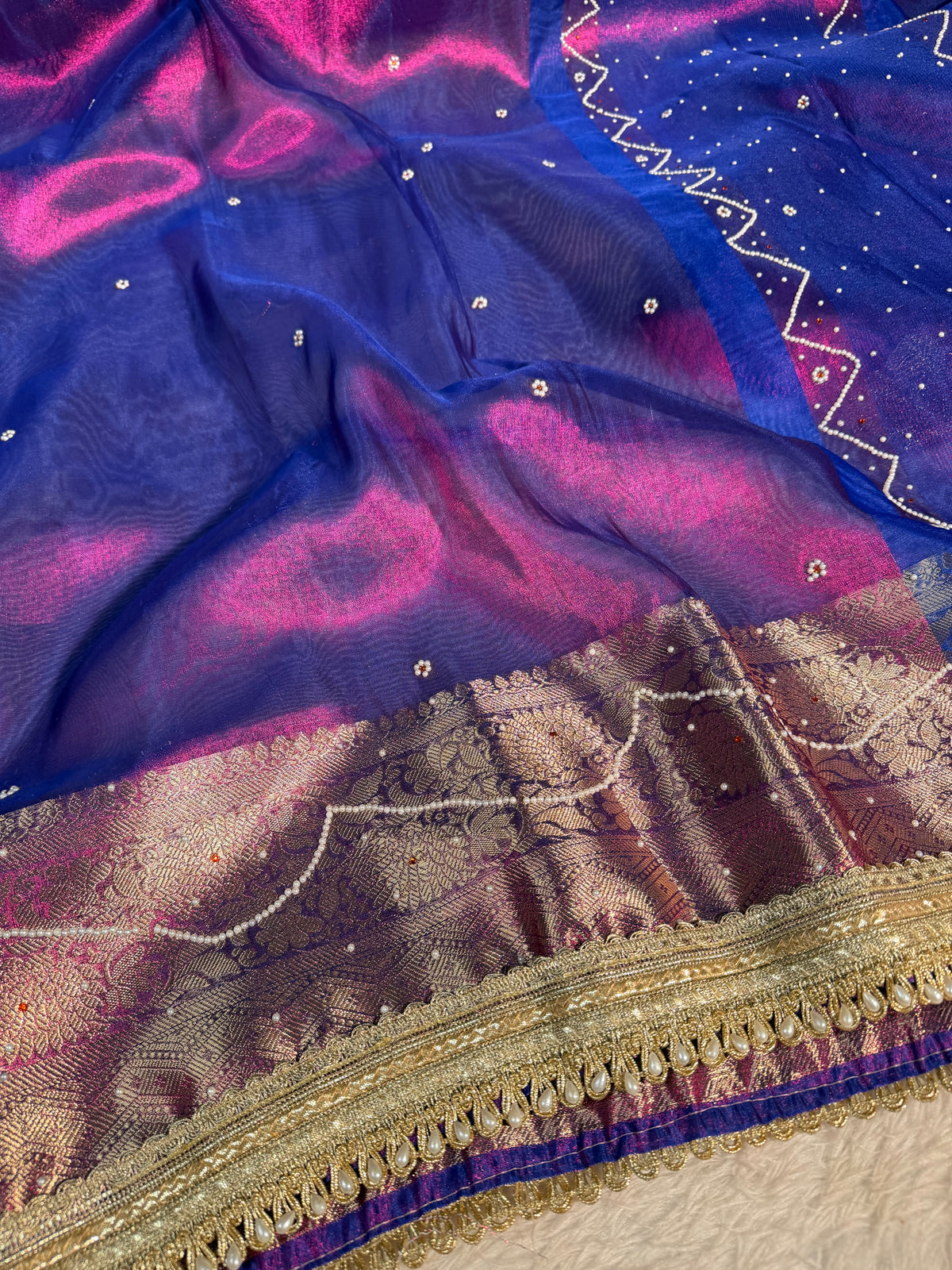 Metallic Baigani Premium Tissue Silk Saree with Moti Stone Work