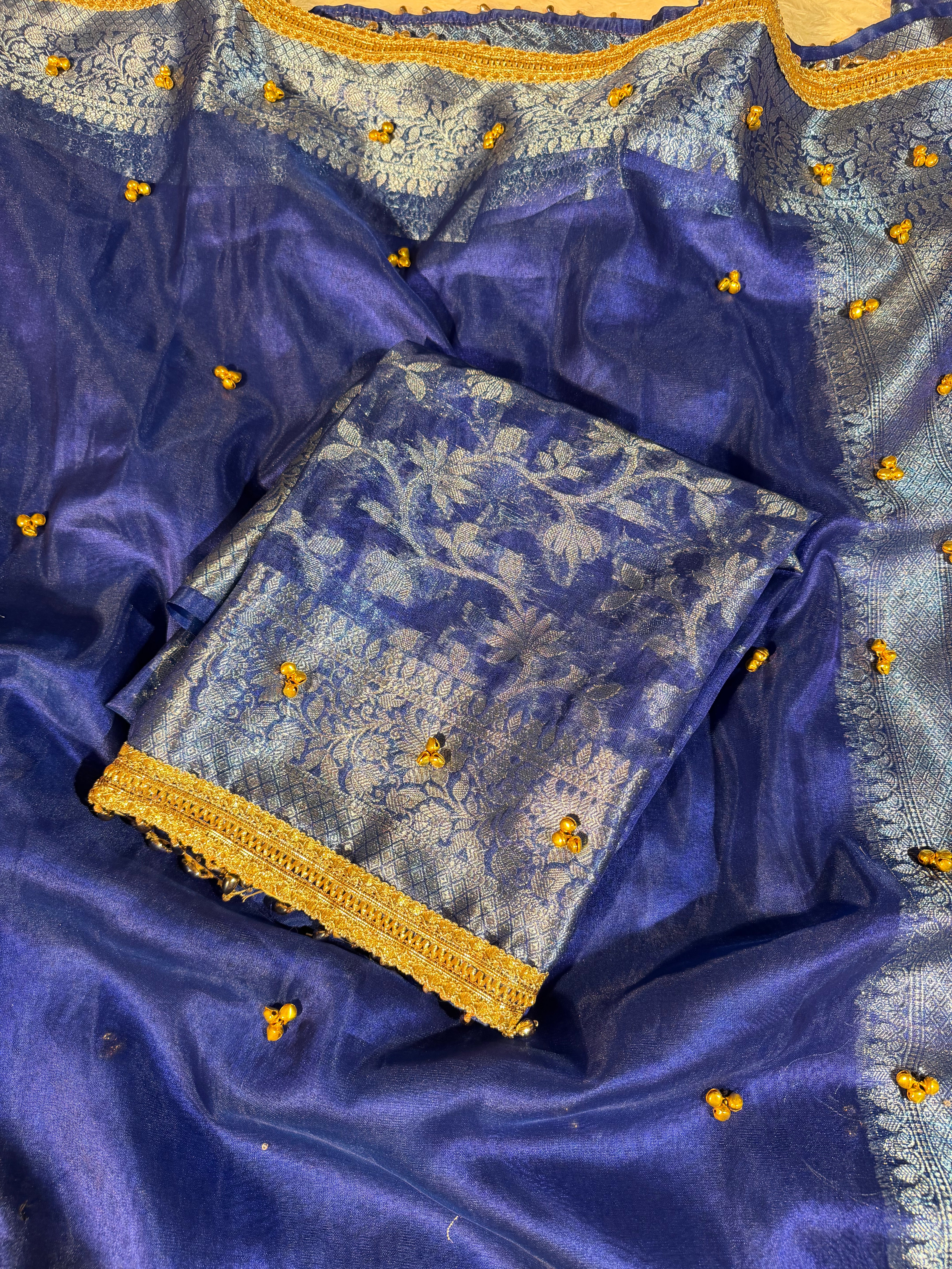 Ghungroo Handwork Metallic Royal Blue Premium Tissue Silk Banarasi Saree