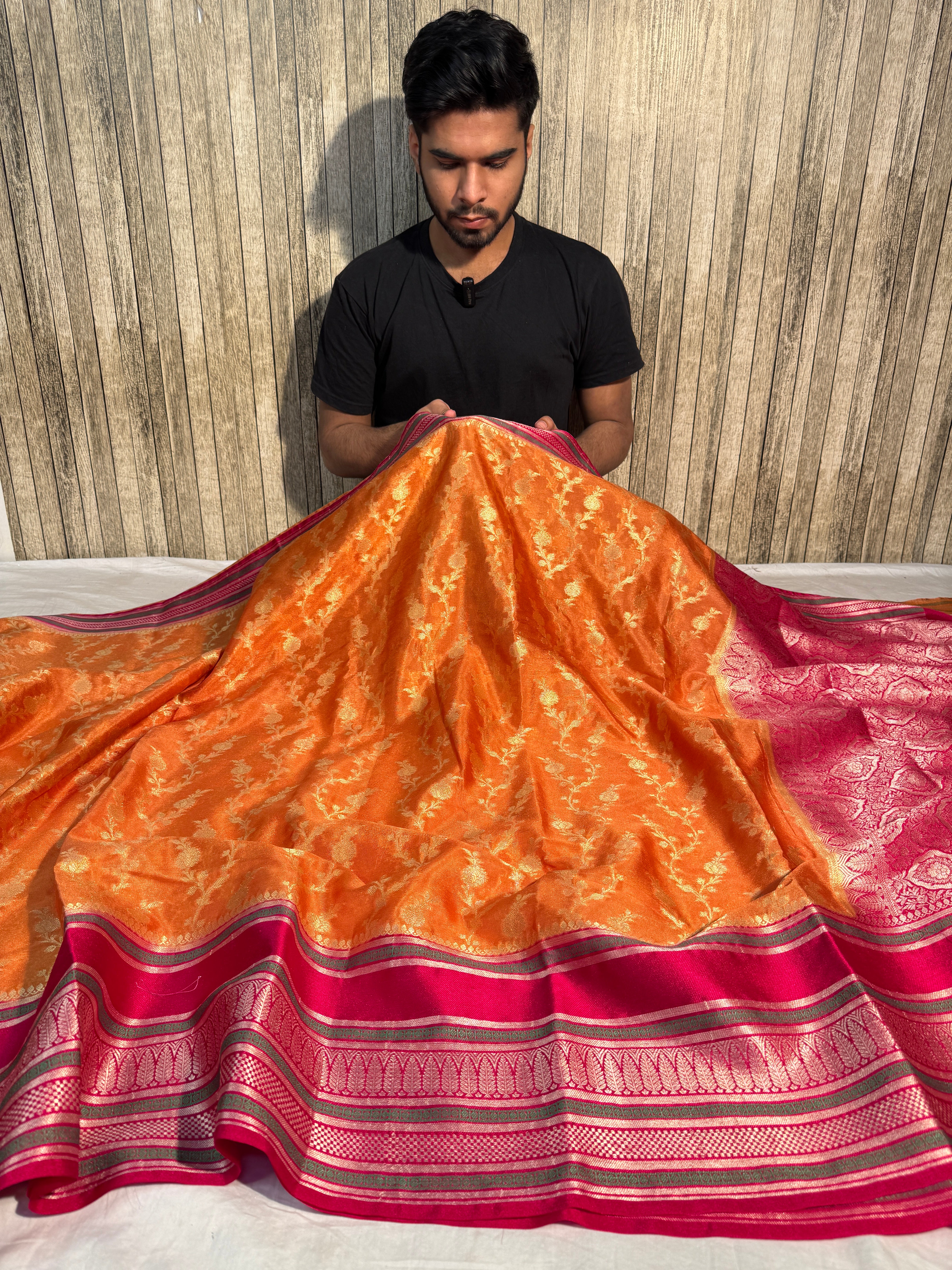 Contrast Orange with Pink Premium Soft Banarasi Chiniya Silk Saree