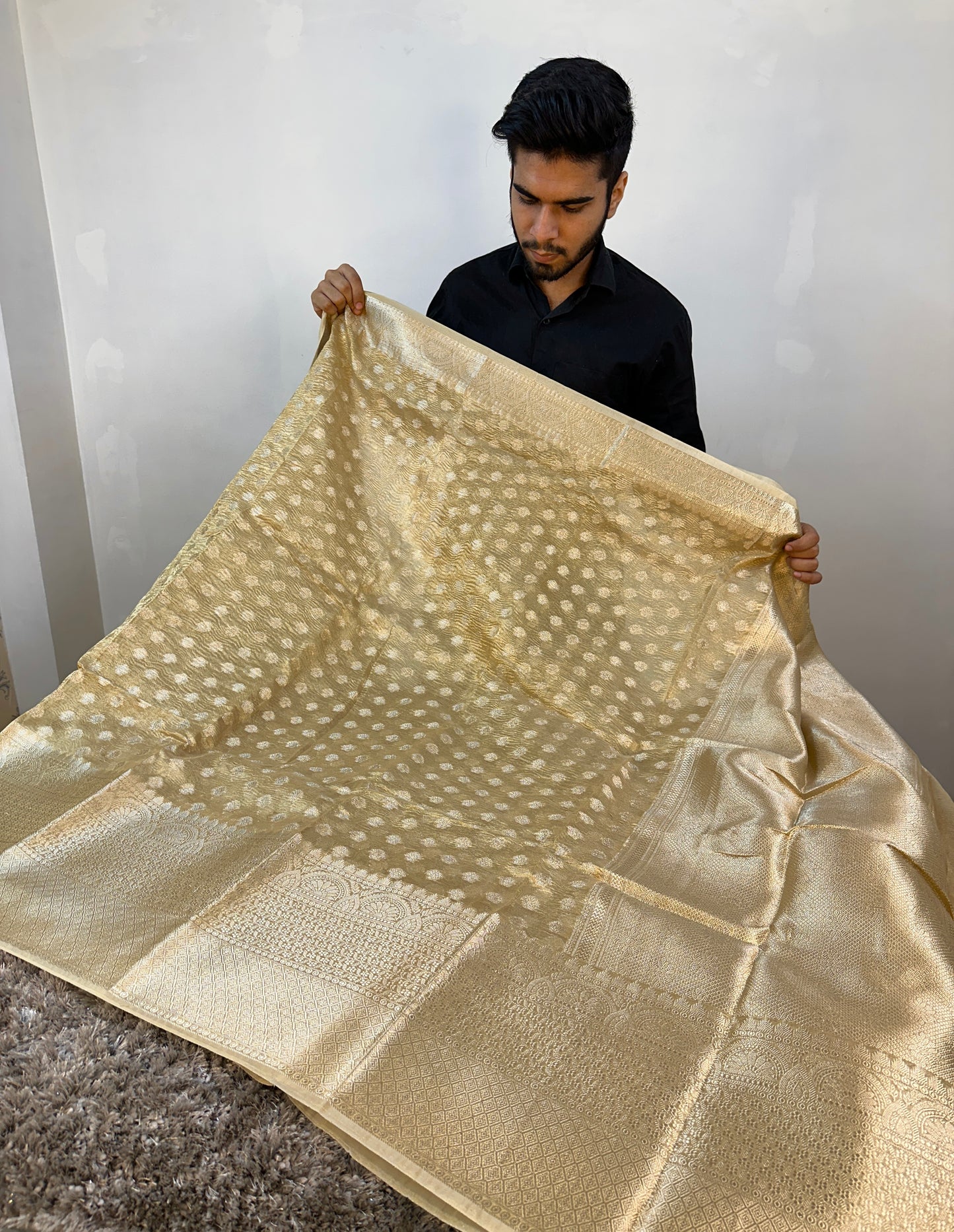 Celebrity Inspired Allover Gold Zari Bridal Kanjeevaram Tissue Banarasi Saree