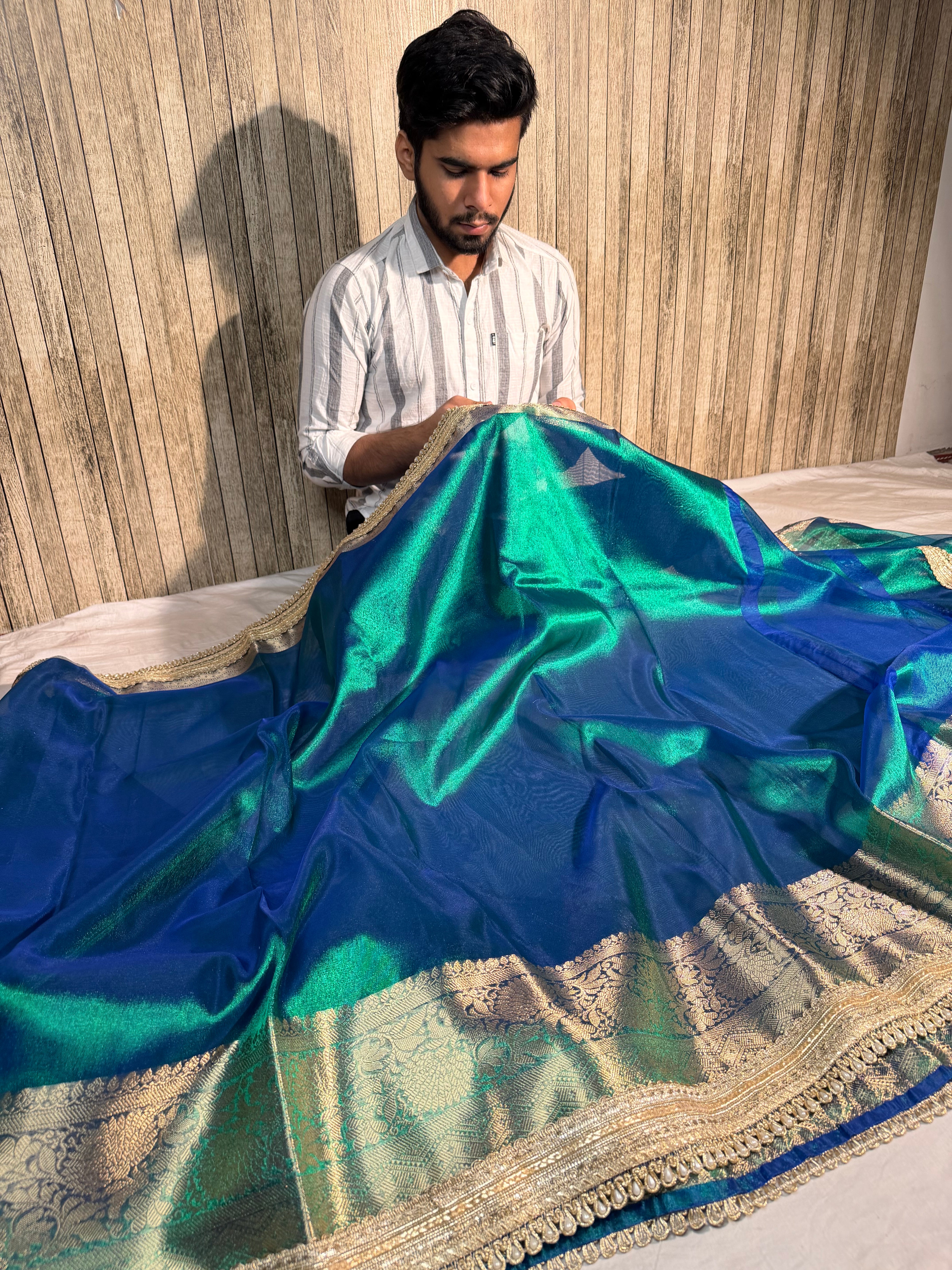 Metallic Sapphire Green Premium Tissue Silk Banarasi Saree with Moti Lace