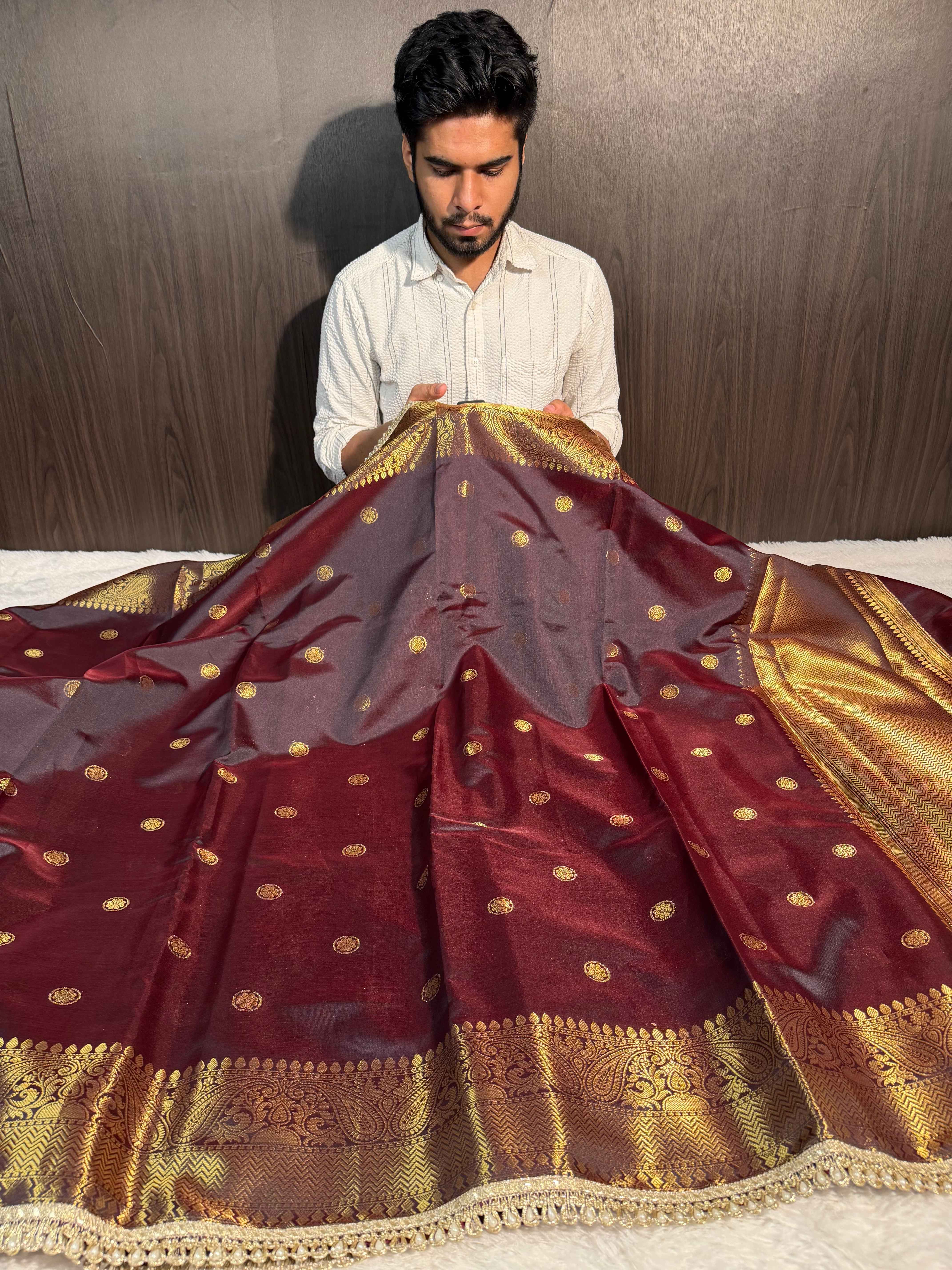 Brown Premium Soft Katan Silk Banarasi Saree with Moti Lace Work
