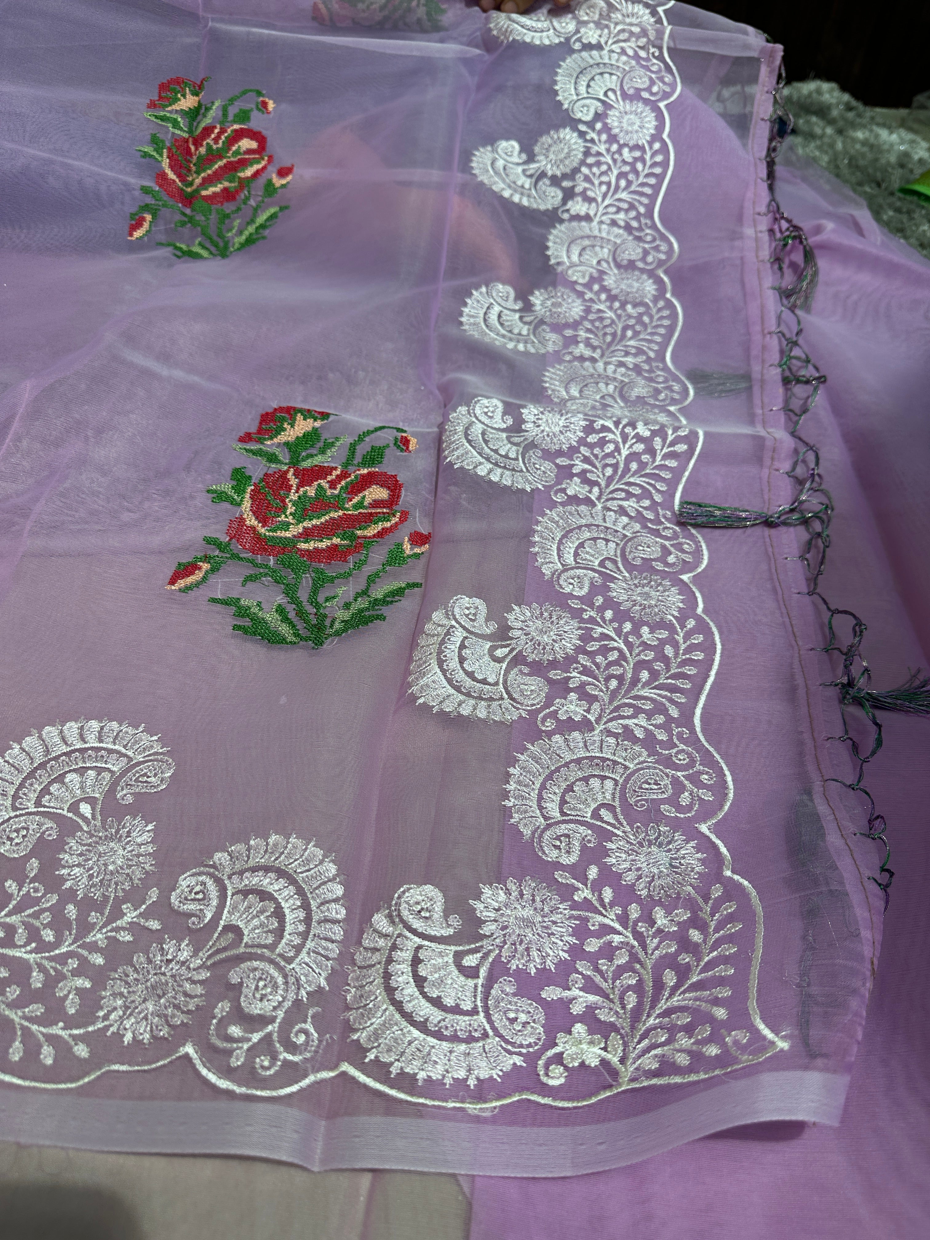 Pastel Lavendar Multi Floral Chikankari Banarasi Organza Silk Saree