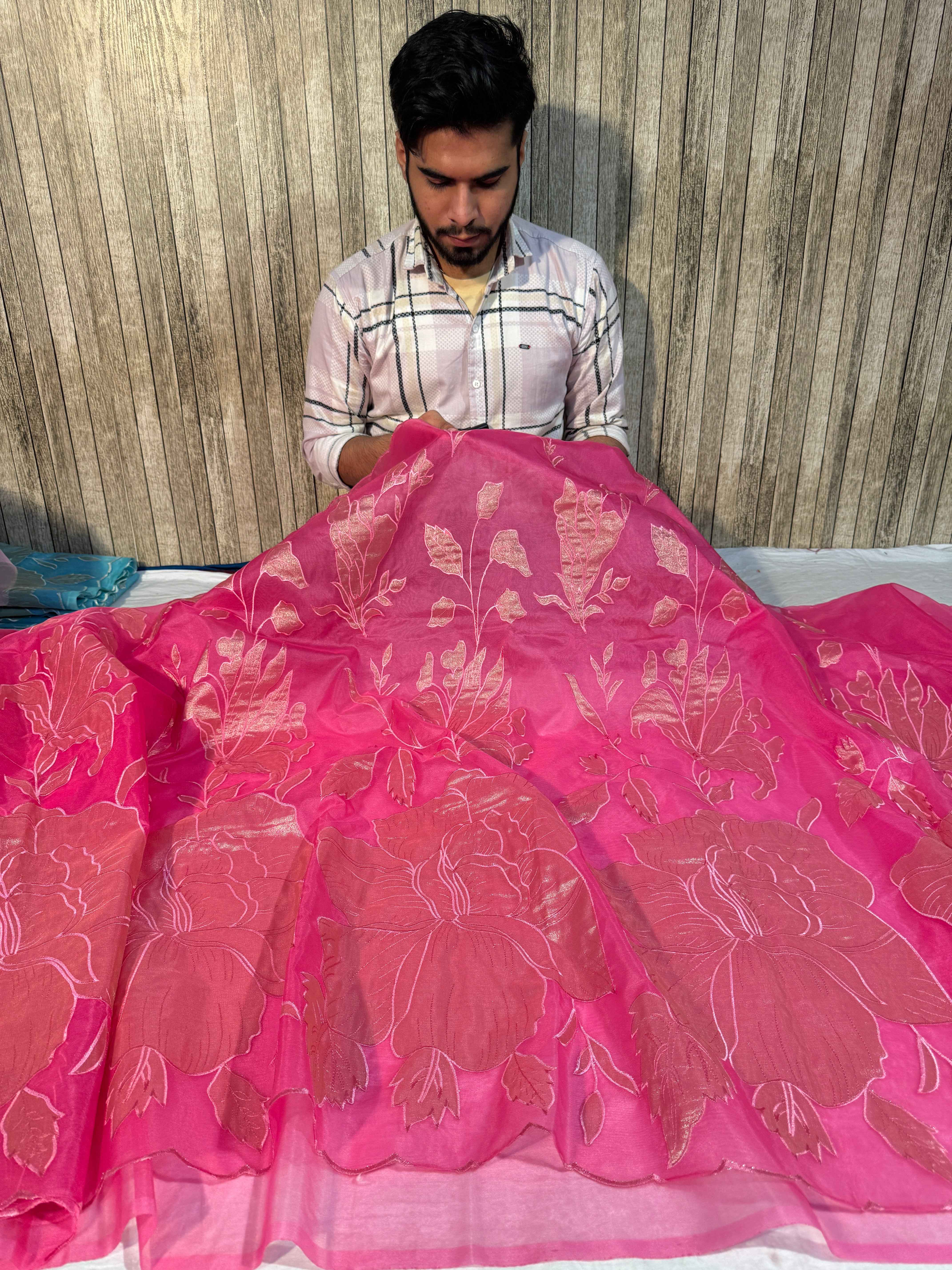 Pastel Pink Premium Organza Silk Banarasi Saree with Tissue Applique Work