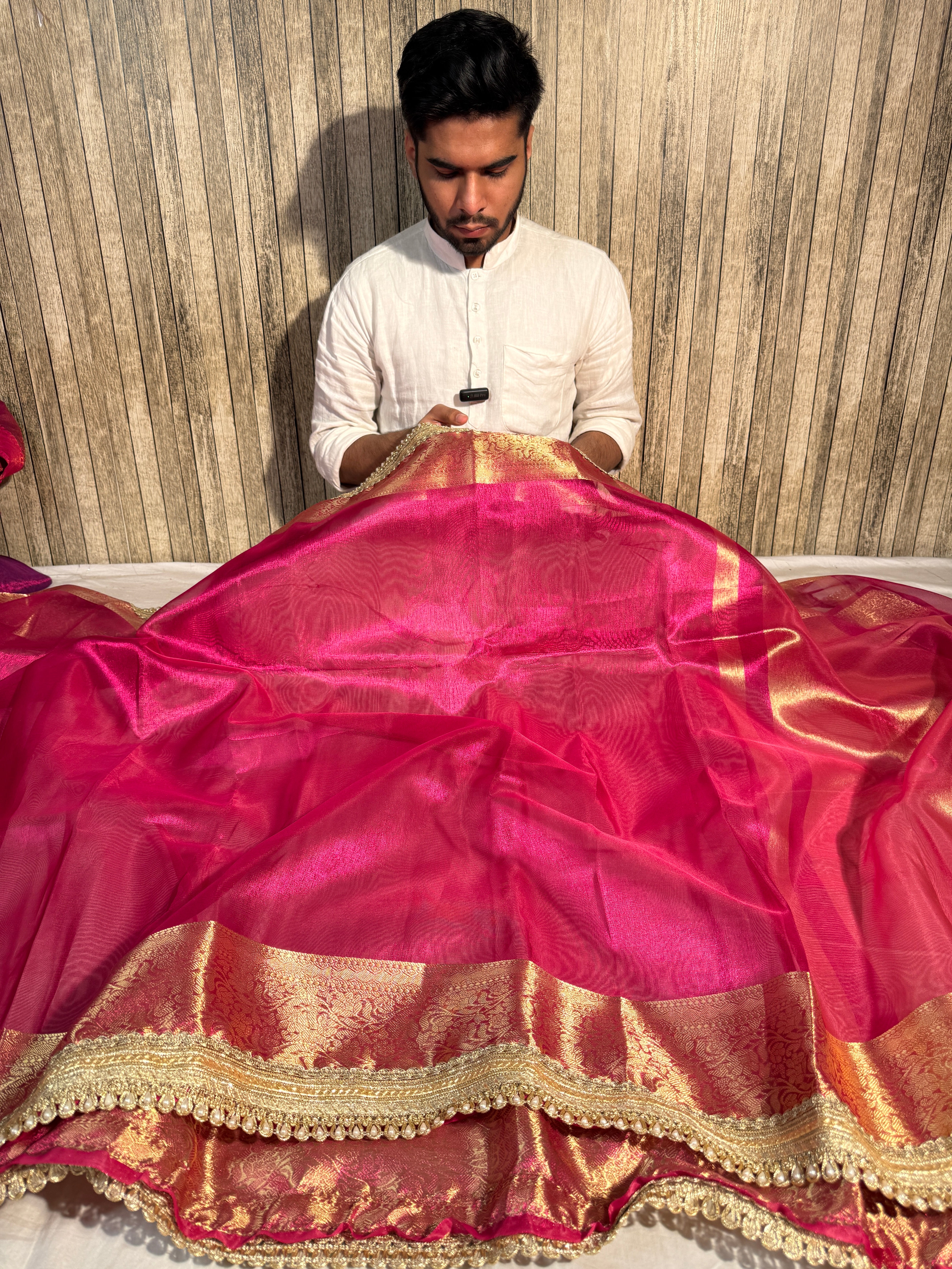 Ready To Wear Metallic Rani Pink Tissue Silk Saree with Lace Work