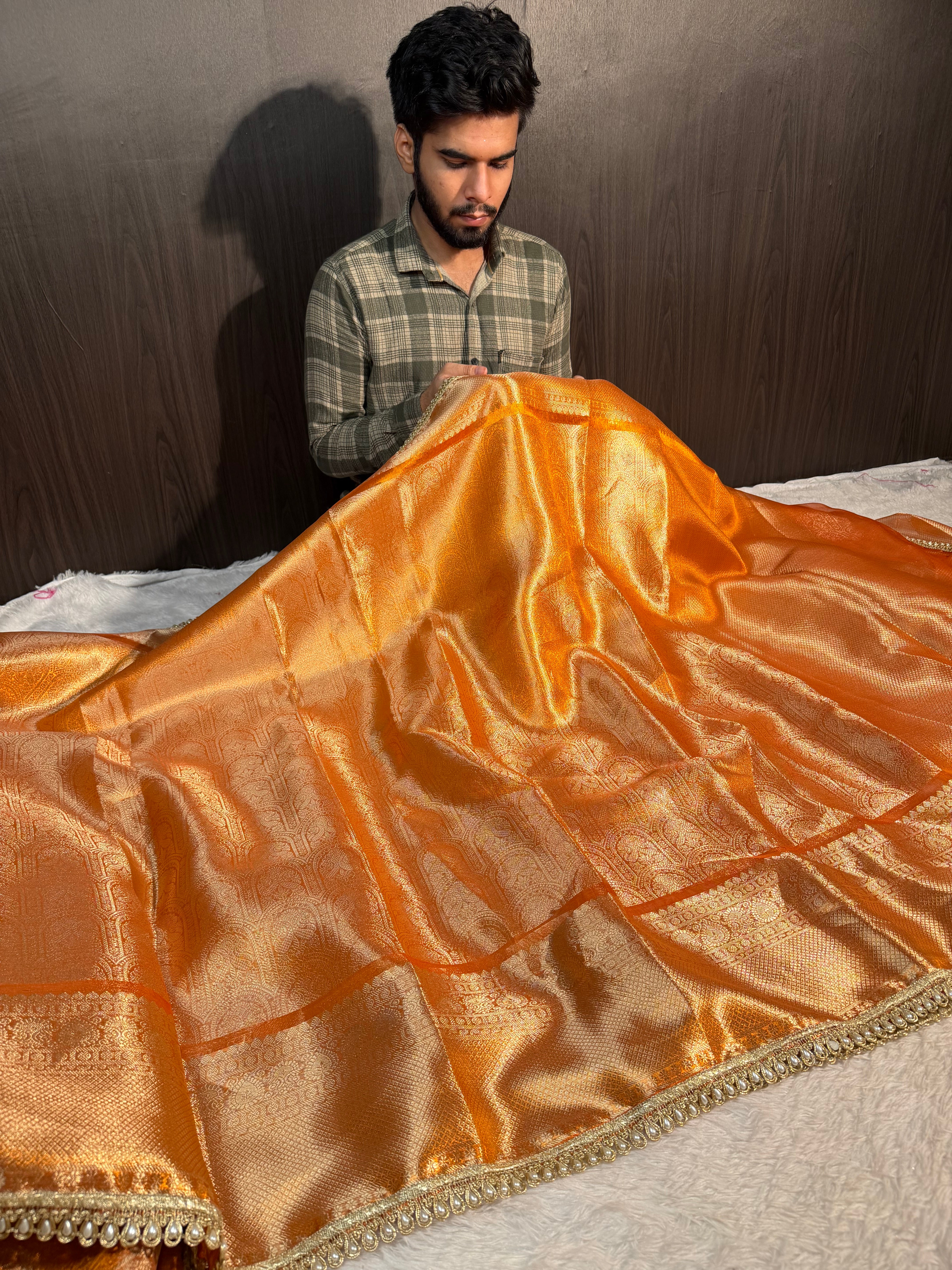 Metallic Orange Kanjeevaram Tissue Silk Banarasi Saree with Moti Lace