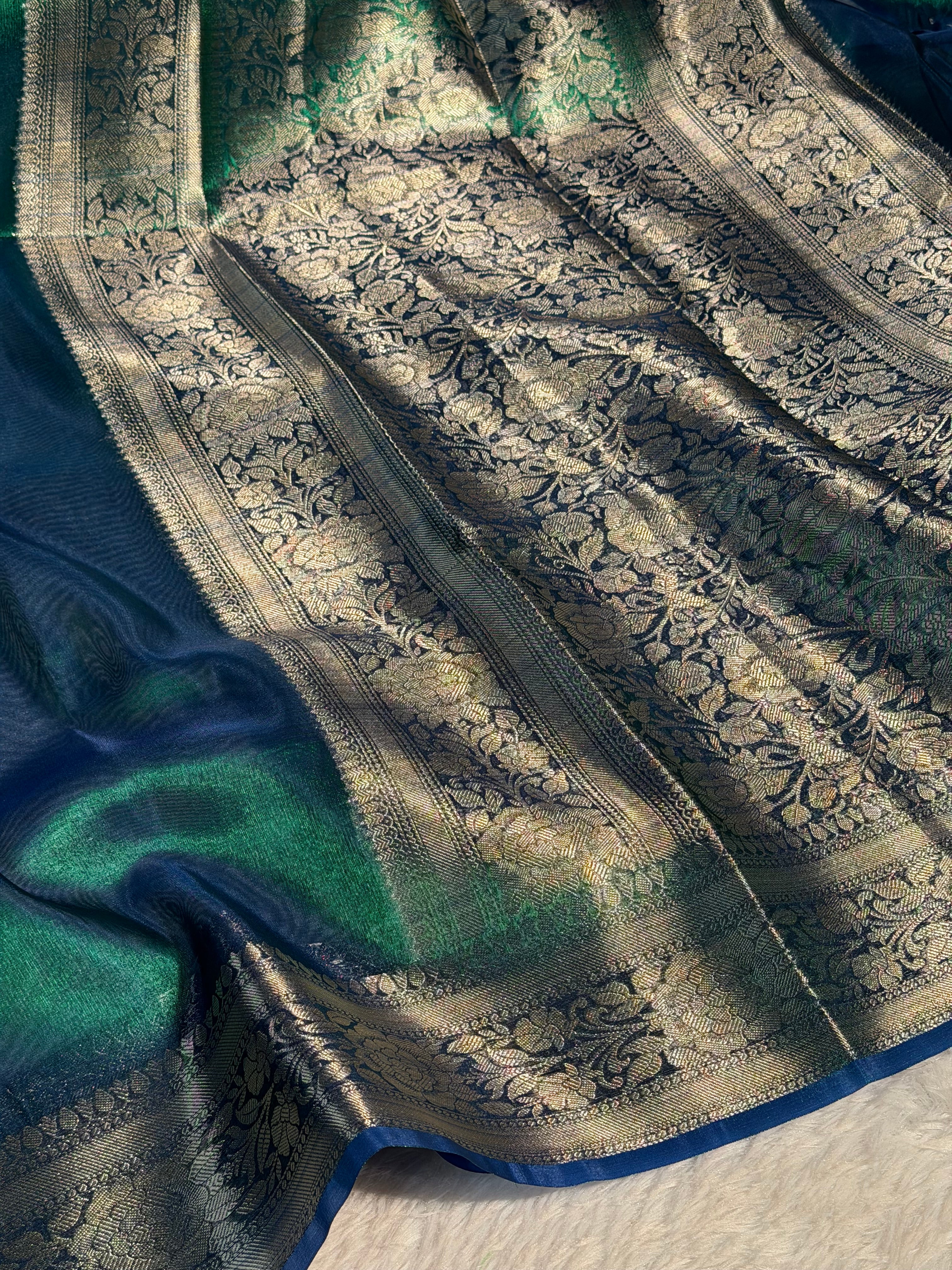 Dual Shaded Sapphire Green Premium Tissue Silk Banarasi Saree