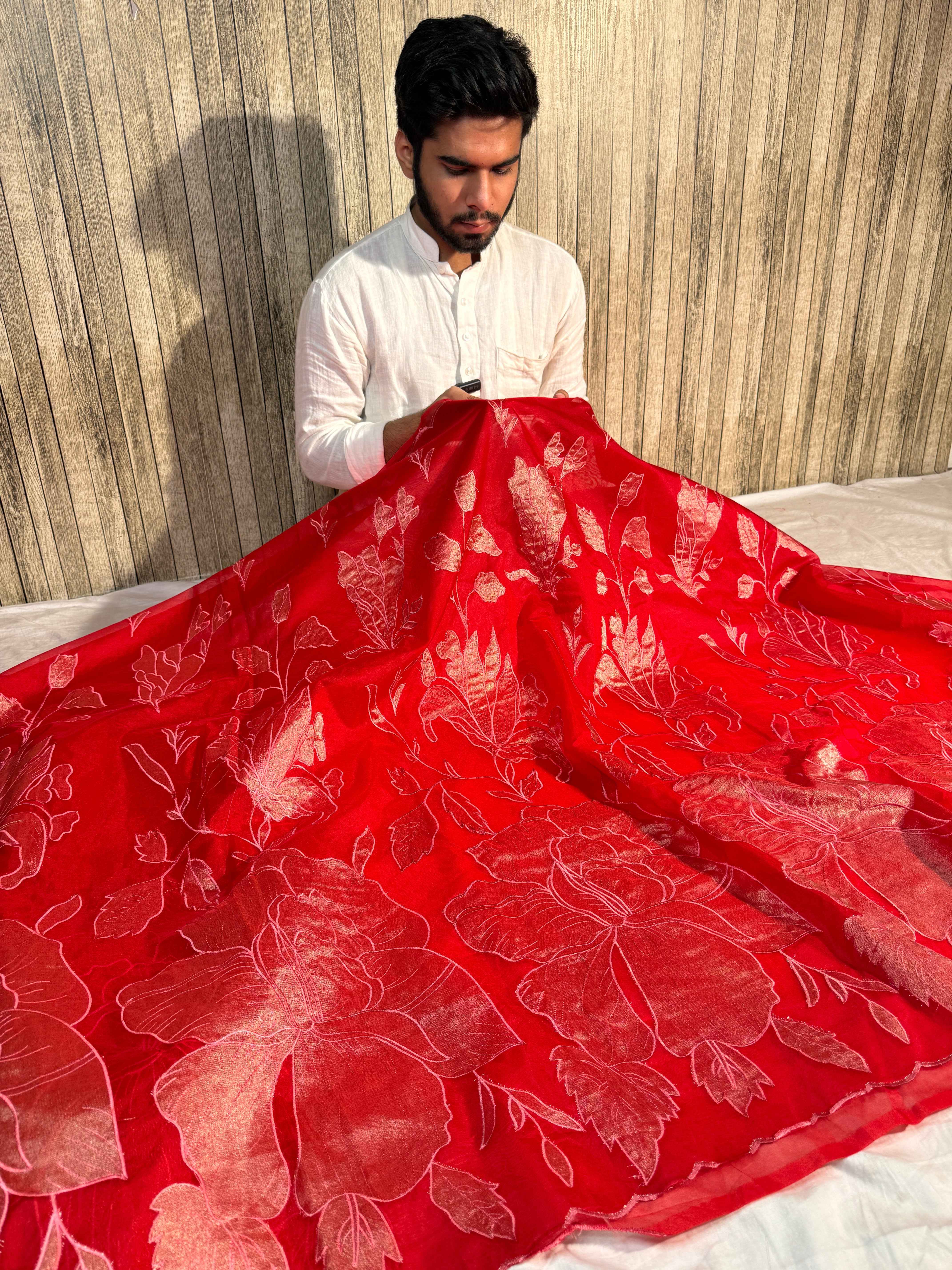 Bridal Red Premium Organza Silk Banarasi Saree with Tissue Applique Work
