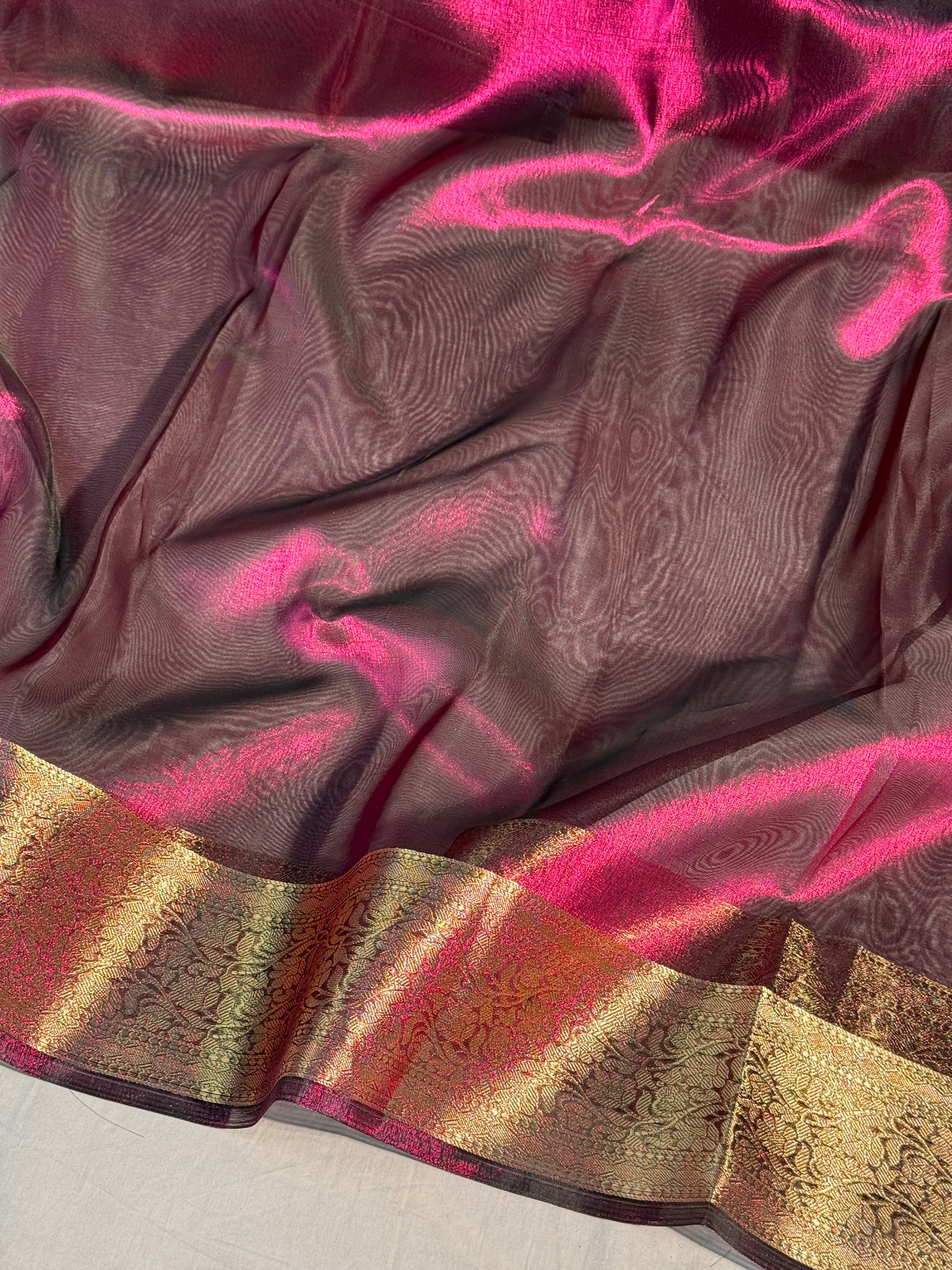 Metallic Magenta Premium Tissue Silk Saree with Traditional Floral Weave Borders