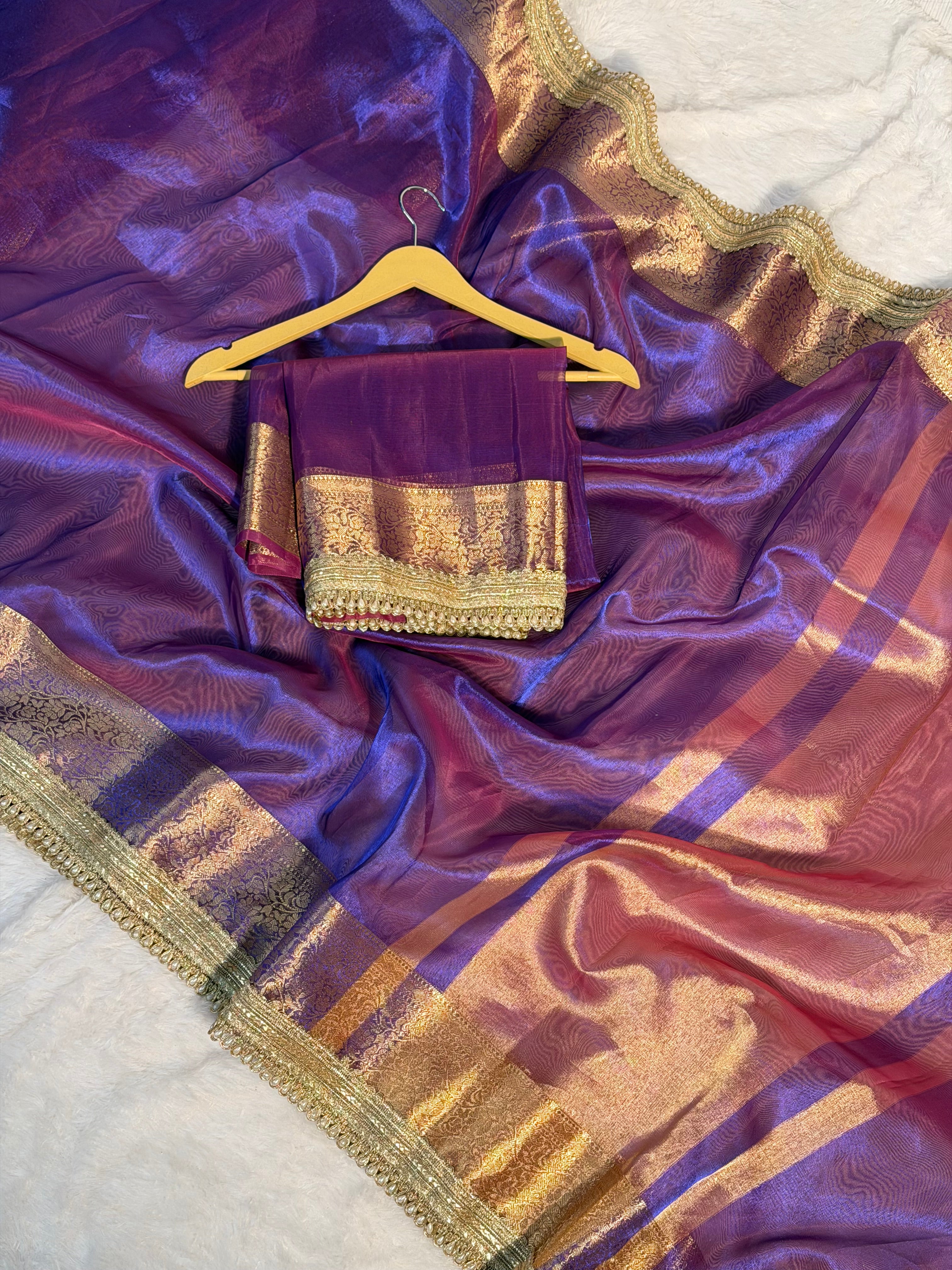 Ready To Wear Dual Shaded Premium Tissue Silk Banarasi Saree with Moti Lace
