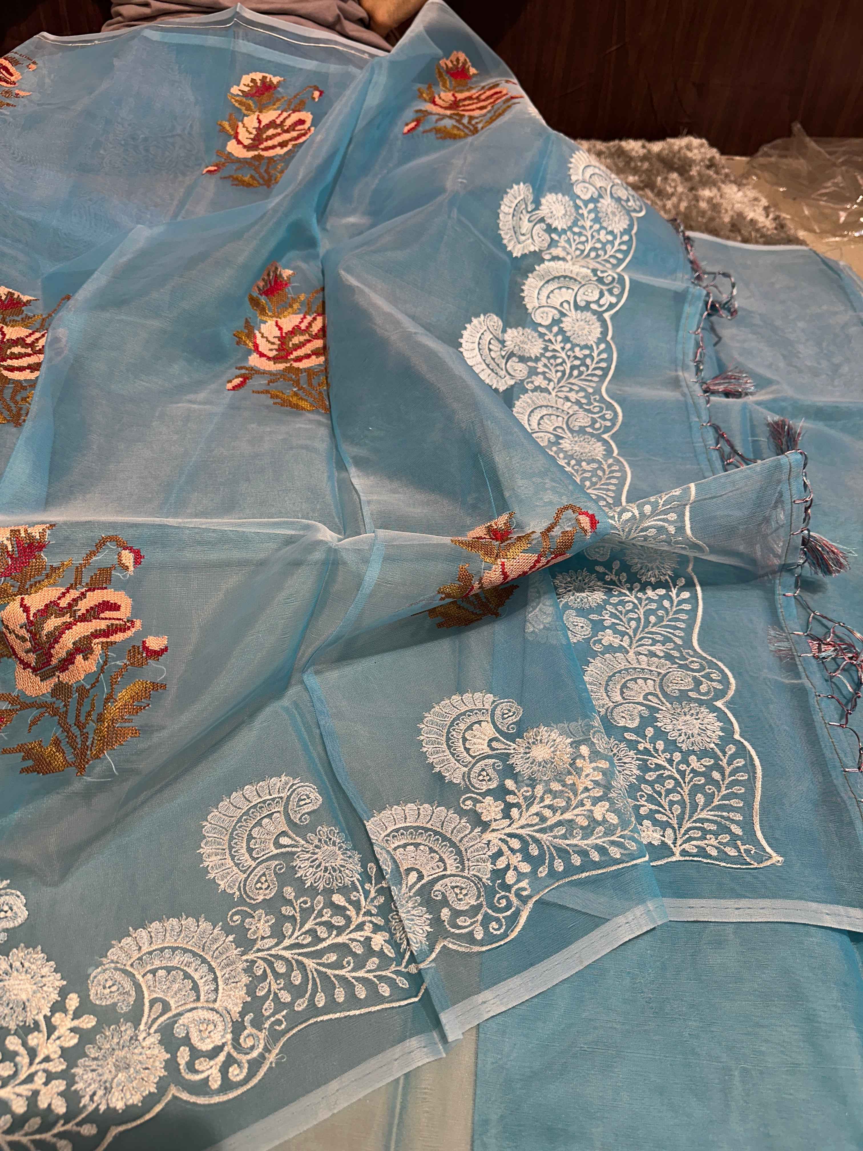 Pretty Firozi Multi Floral Chikankari Banarasi Organza Silk Saree