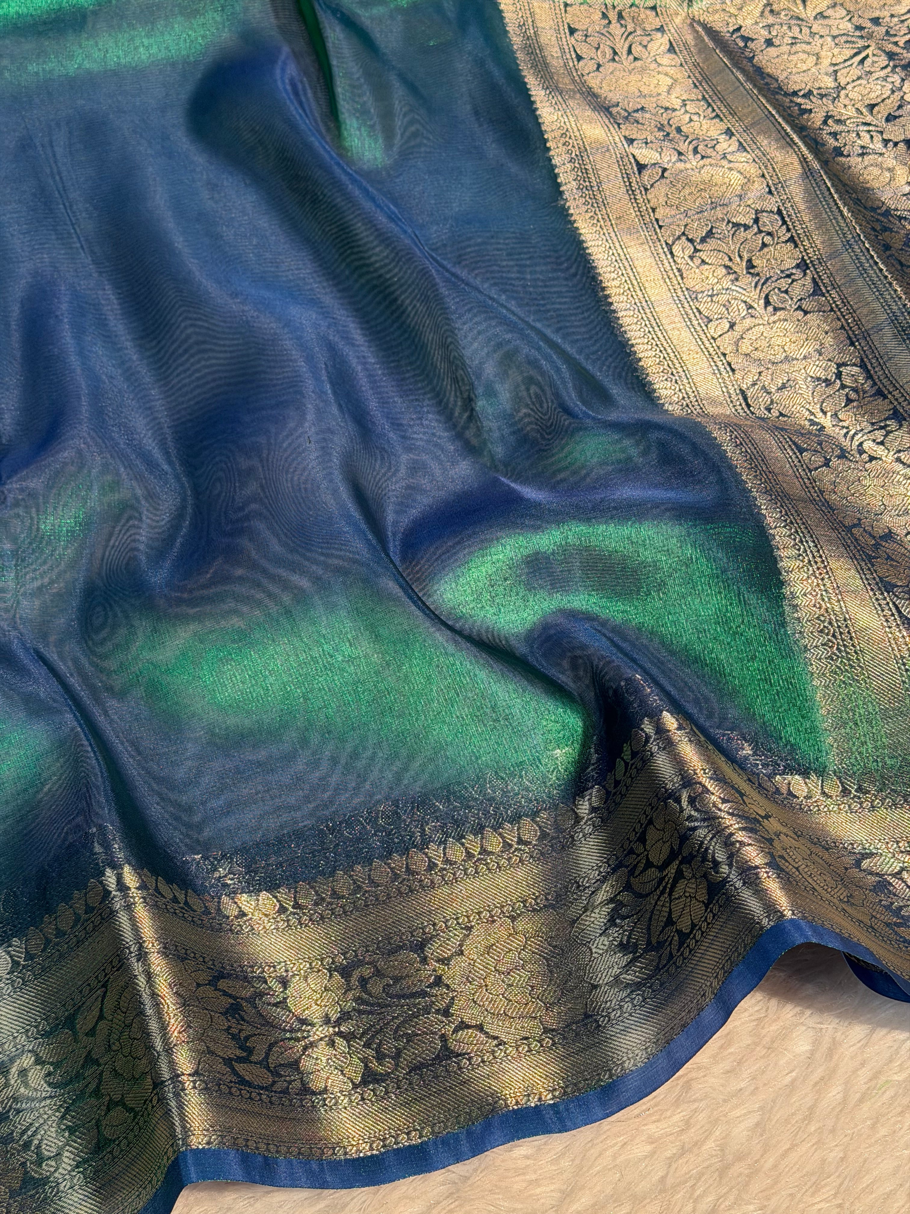 Dual Shaded Sapphire Green Premium Tissue Silk Banarasi Saree