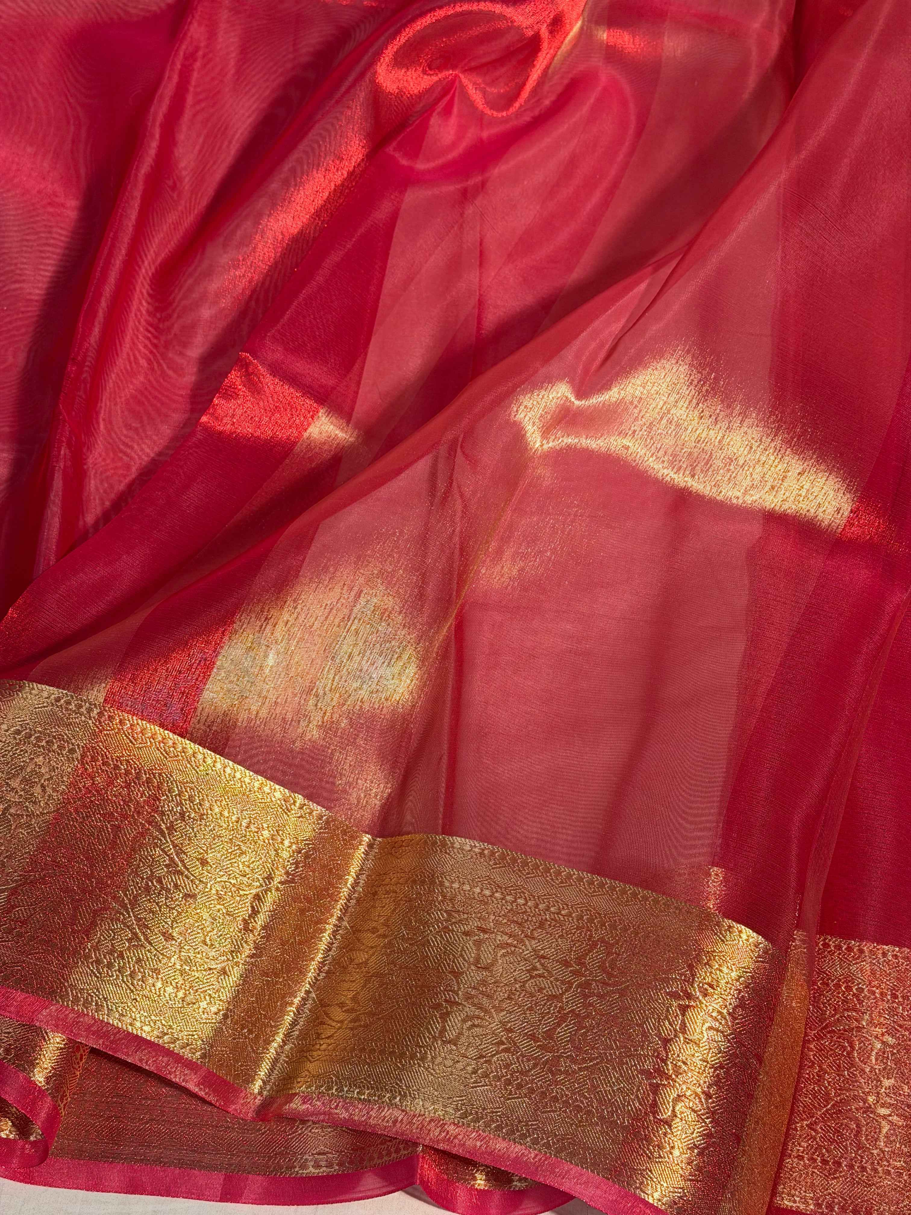 Metallic Red Premium Tissue Silk Saree with Traditional Floral Weave Borders