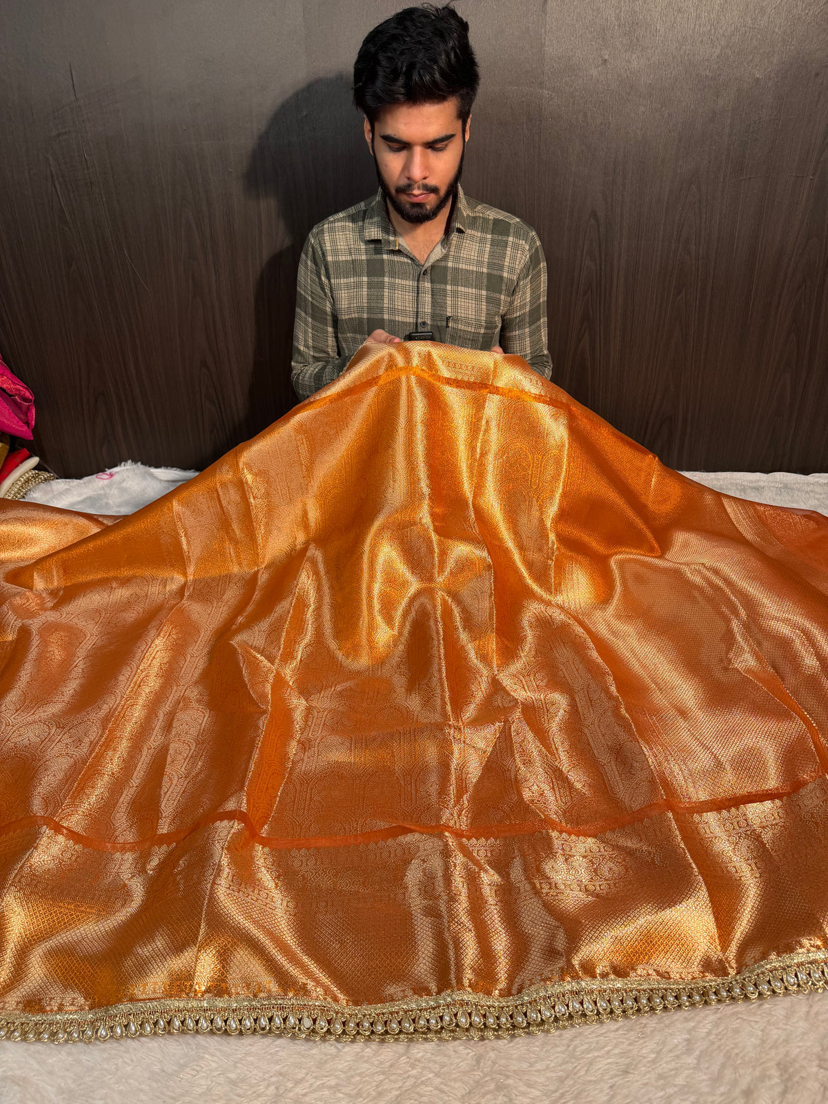 Metallic Orange Kanjeevaram Tissue Silk Banarasi Saree with Moti Lace