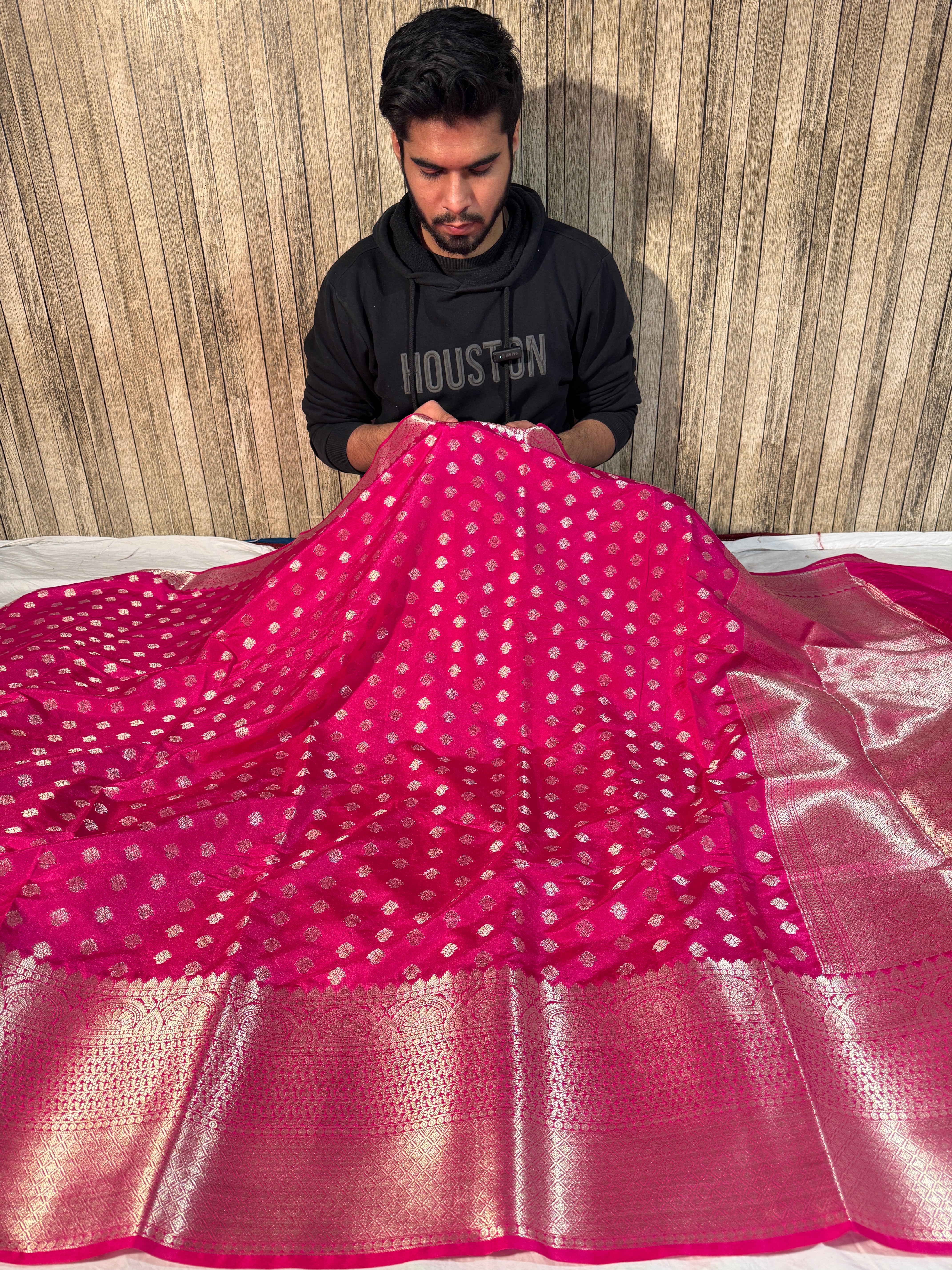 Rani Pink Premium Breathable Chiniya Silk Banarasi Saree