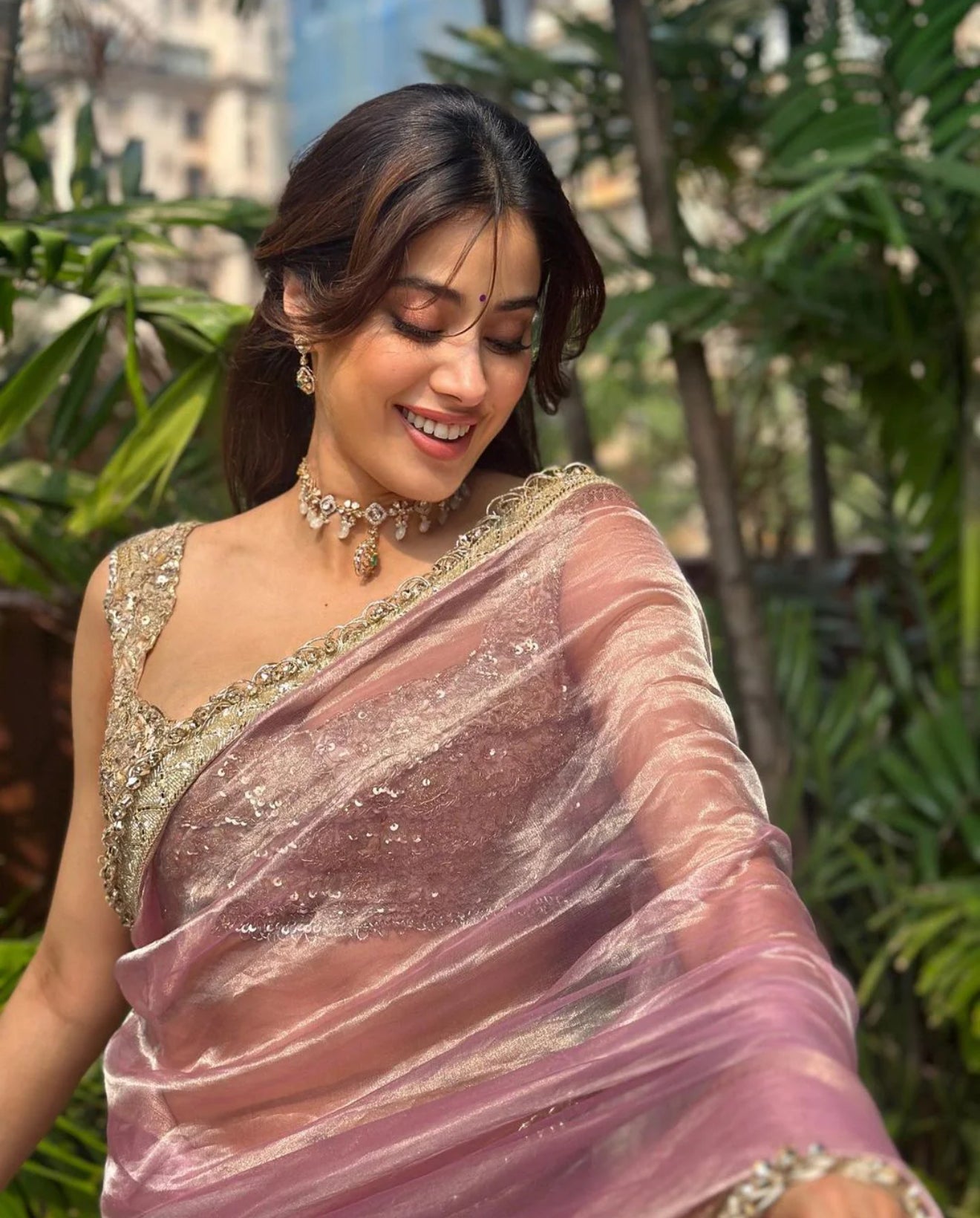 Janhvi Kapoor Inspired Pink Tissue Silk Saree