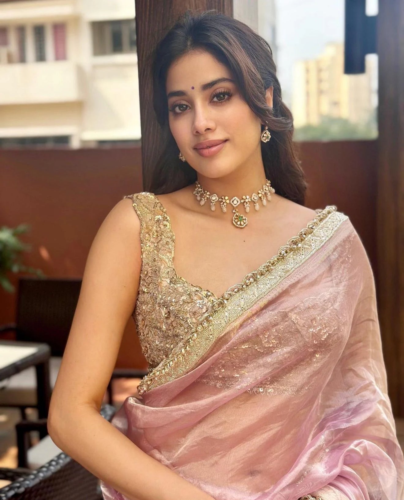 Janhvi Kapoor Inspired Pink Tissue Silk Saree