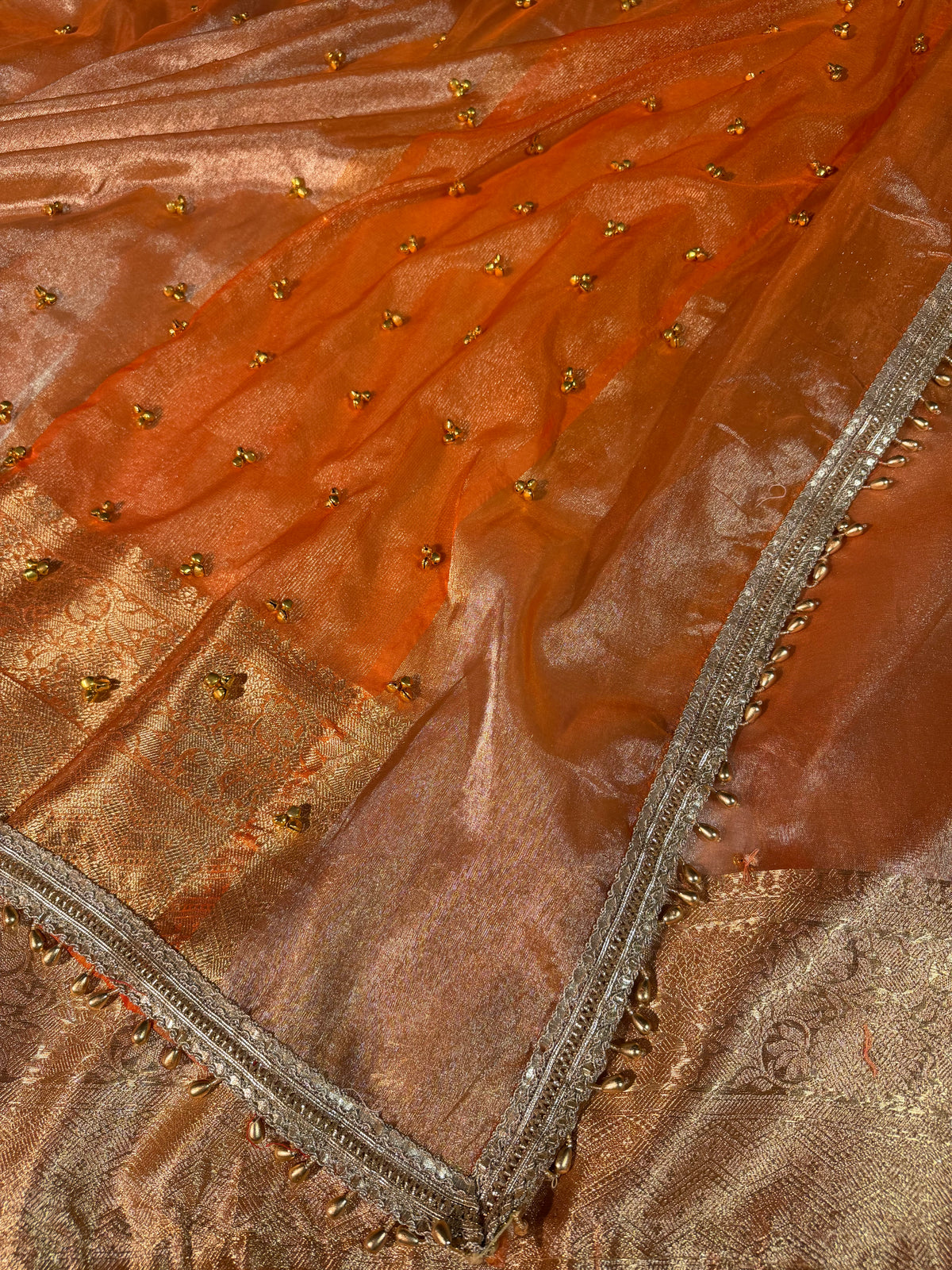 Viral Ghungroo Handwork Metallic Orange Premium Tissue Silk Banarasi Saree