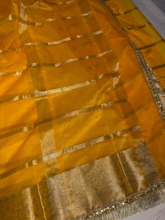 Yellow Banarasi Organza Silk Saree with Premium Lace