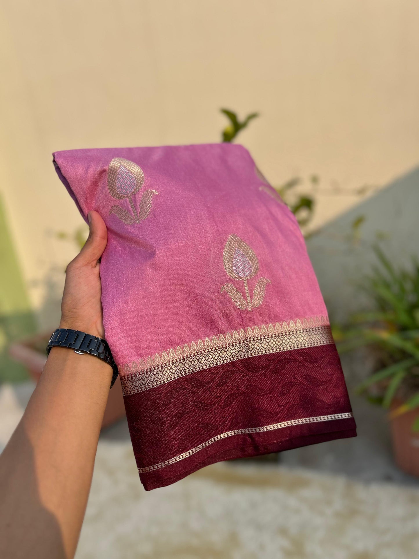 Pink with Wine Bridal Warm Silk Banarasi Saree