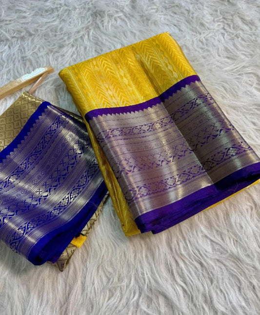 Yellow with Blue Banarasi Kanjeevaram Tissue Silk Saree