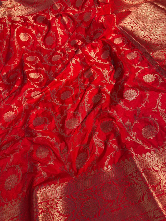 Bridal Red Premium Chiniya Silk Floral Jaal Weave Banarasi Saree