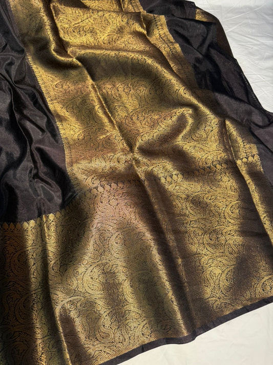 Black Kaath Bandh Chiniya Silk Saree with Traditional Border