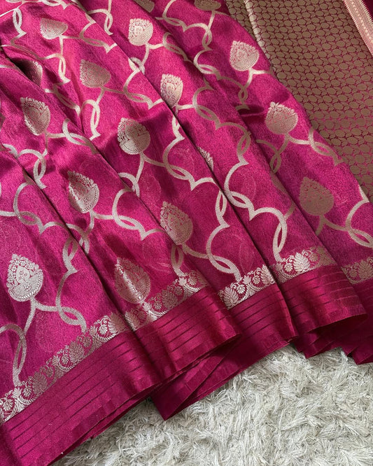 Rani Pink Bridal Tissue Silk Banarasi Saree with Floral Weave