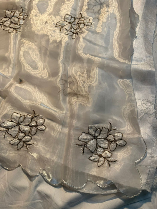 White Shimmery Tissue Designer Saree with Sequence Buta