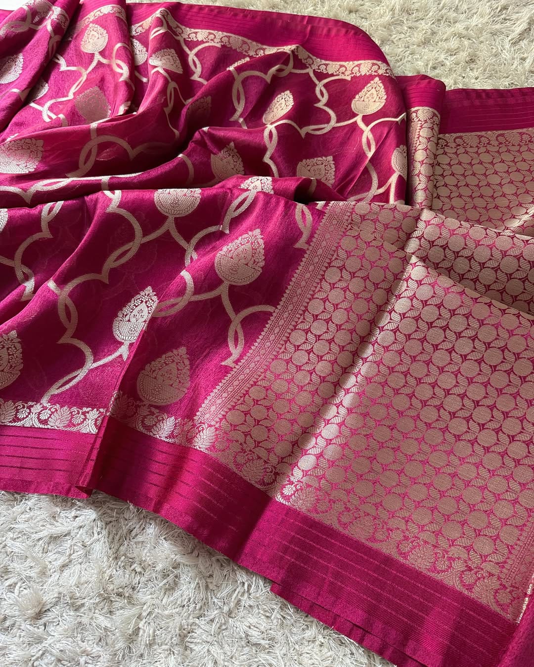 Rani Pink Bridal Tissue Silk Banarasi Saree with Floral Weave