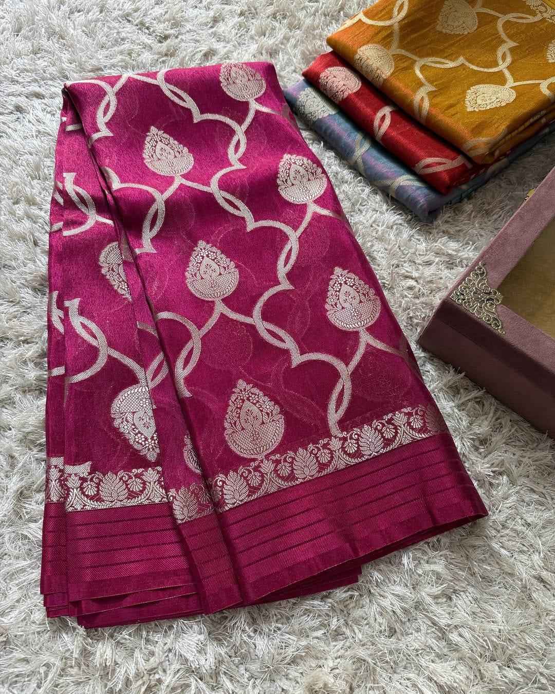 Rani Pink Bridal Tissue Silk Banarasi Saree with Floral Weave