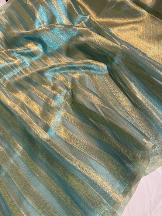 Metallic Blue Handloom Inspired Tissue Silk Designer Saree