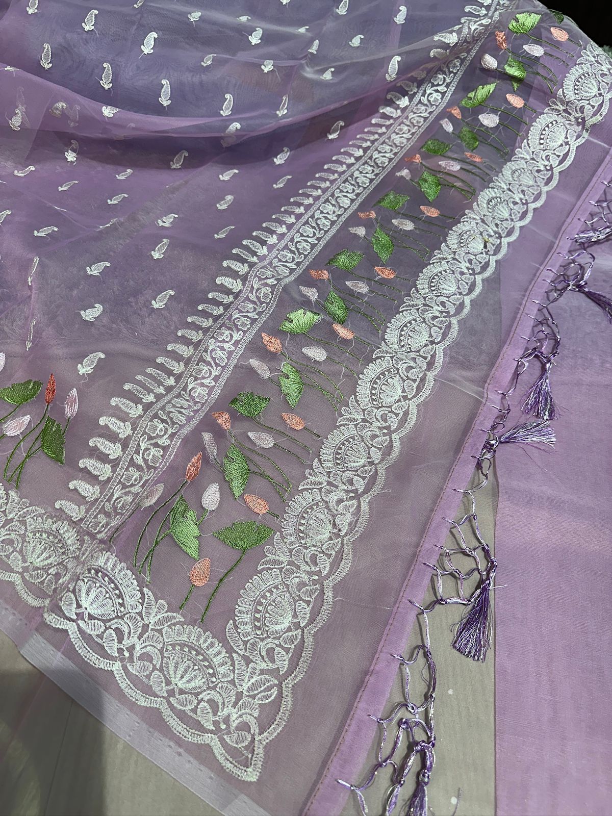 Pastel Lavendar Designer Chikankari Organza Banarasi Saree