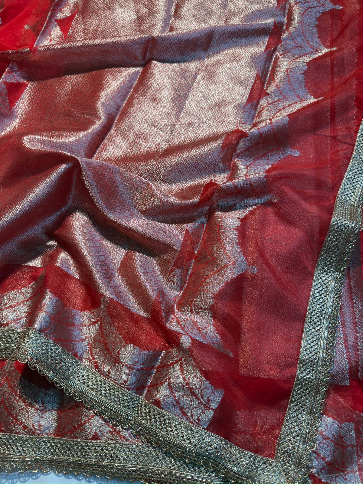 Beautiful Red Organza Silk Banarasi Saree with Premium Lace