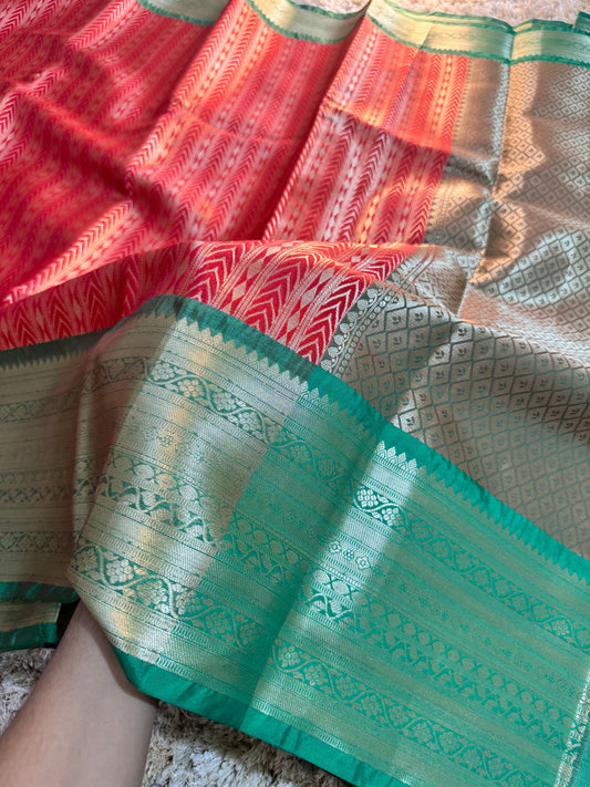 Red with Green Premium Kanjeevaram Tissue Silk Saree