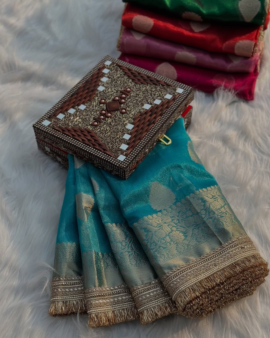 Metallic Firozi Bridal Tissue Silk Banarasi Saree with Premium Lace