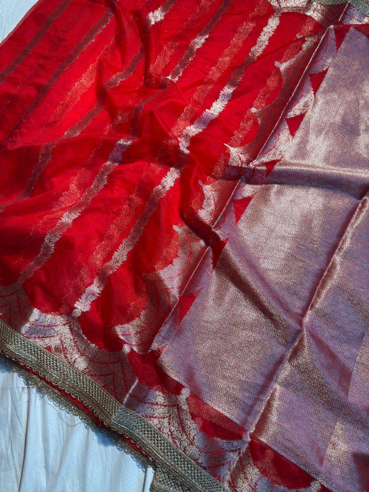 Beautiful Red Organza Silk Banarasi Saree with Premium Lace