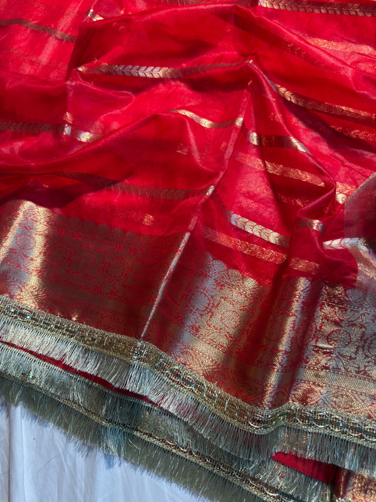 Bridal Red Organza Silk Banarasi Saree with Premium Lace